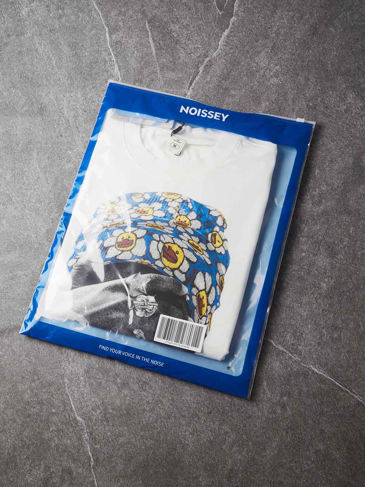 NOISSEY Blue Flower Bandana Kid Gold Grillz Boxy Graphic Tee - White Streetwear Shirt