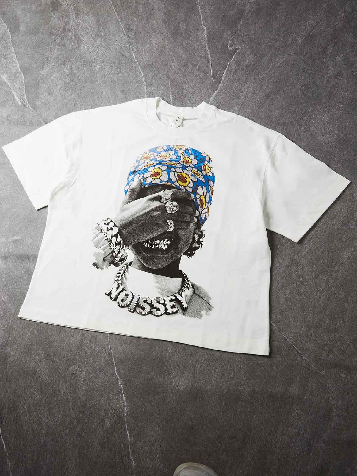 NOISSEY Blue Flower Bandana Kid Gold Grillz Boxy Graphic Tee - White Streetwear Shirt