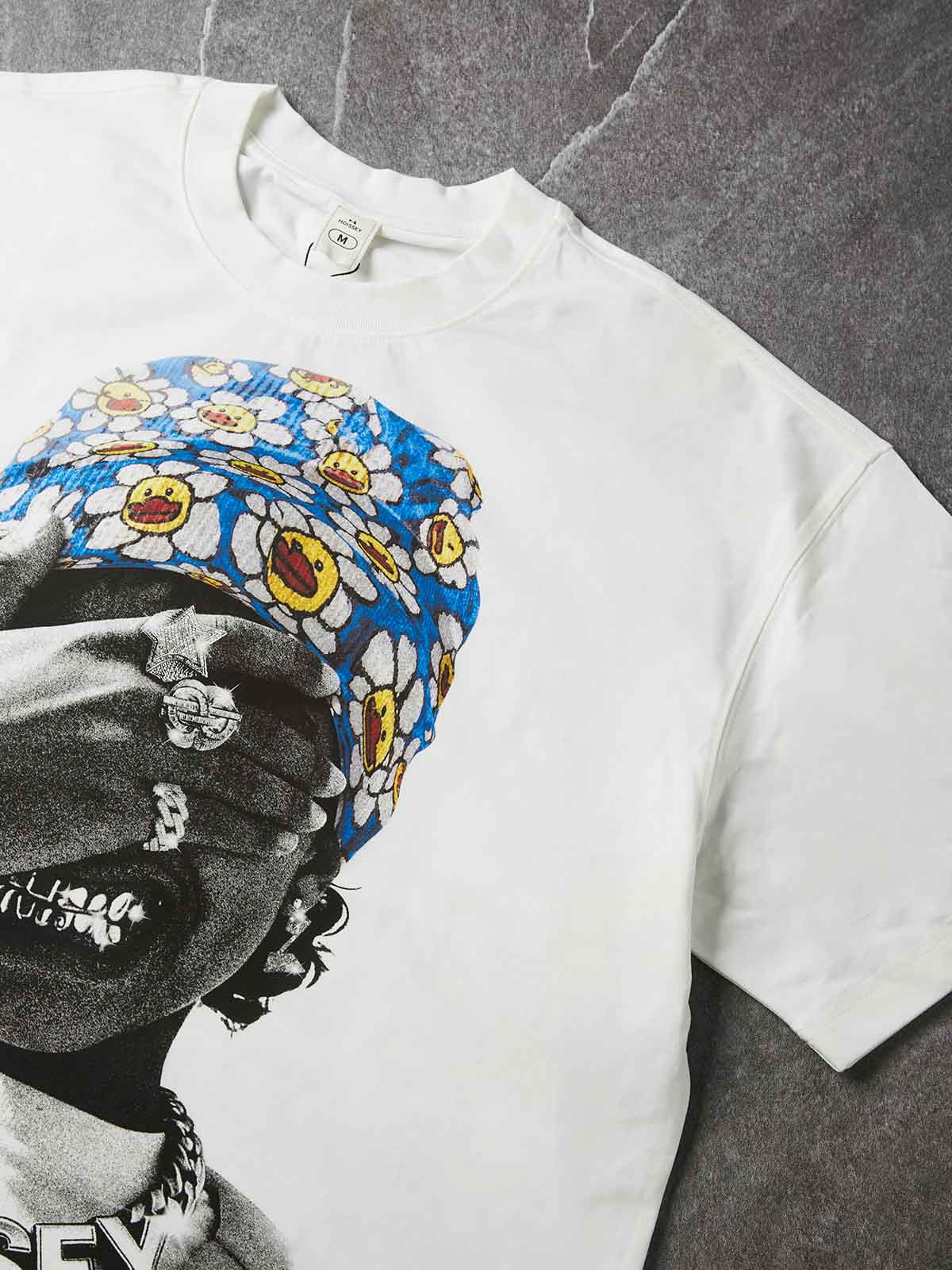 NOISSEY Blue Flower Bandana Kid Gold Grillz Boxy Graphic Tee - White Streetwear Shirt