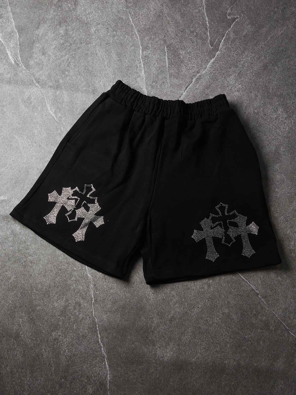 NOISSEY Gothic Rhinestone Crosses Fleece Shorts - Black Oversized Y2K Streetwear Shorts