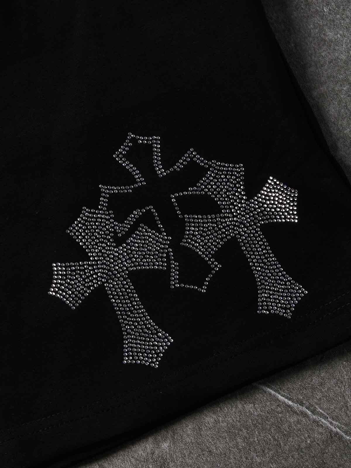 NOISSEY Gothic Rhinestone Crosses Fleece Shorts - Black Oversized Y2K Streetwear Shorts