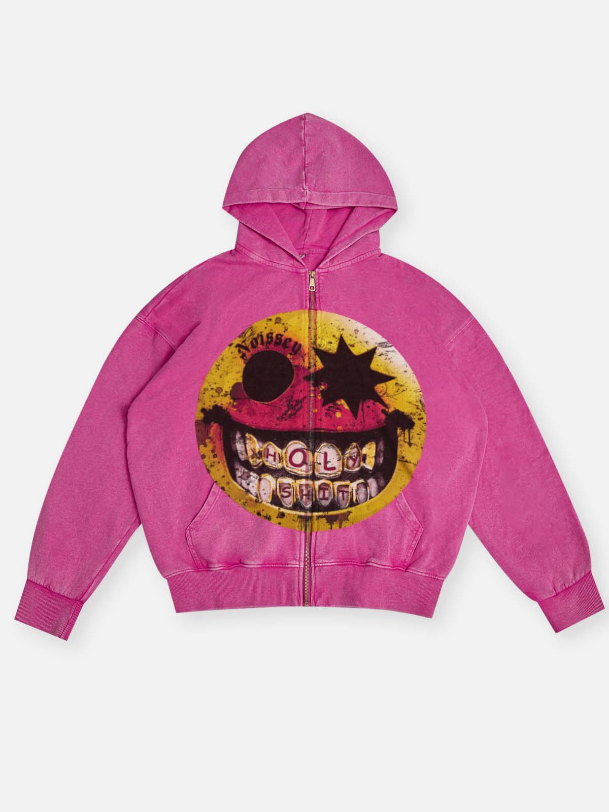 Gangster Smiley Pink Wash  Print Zip-Up Hoodie