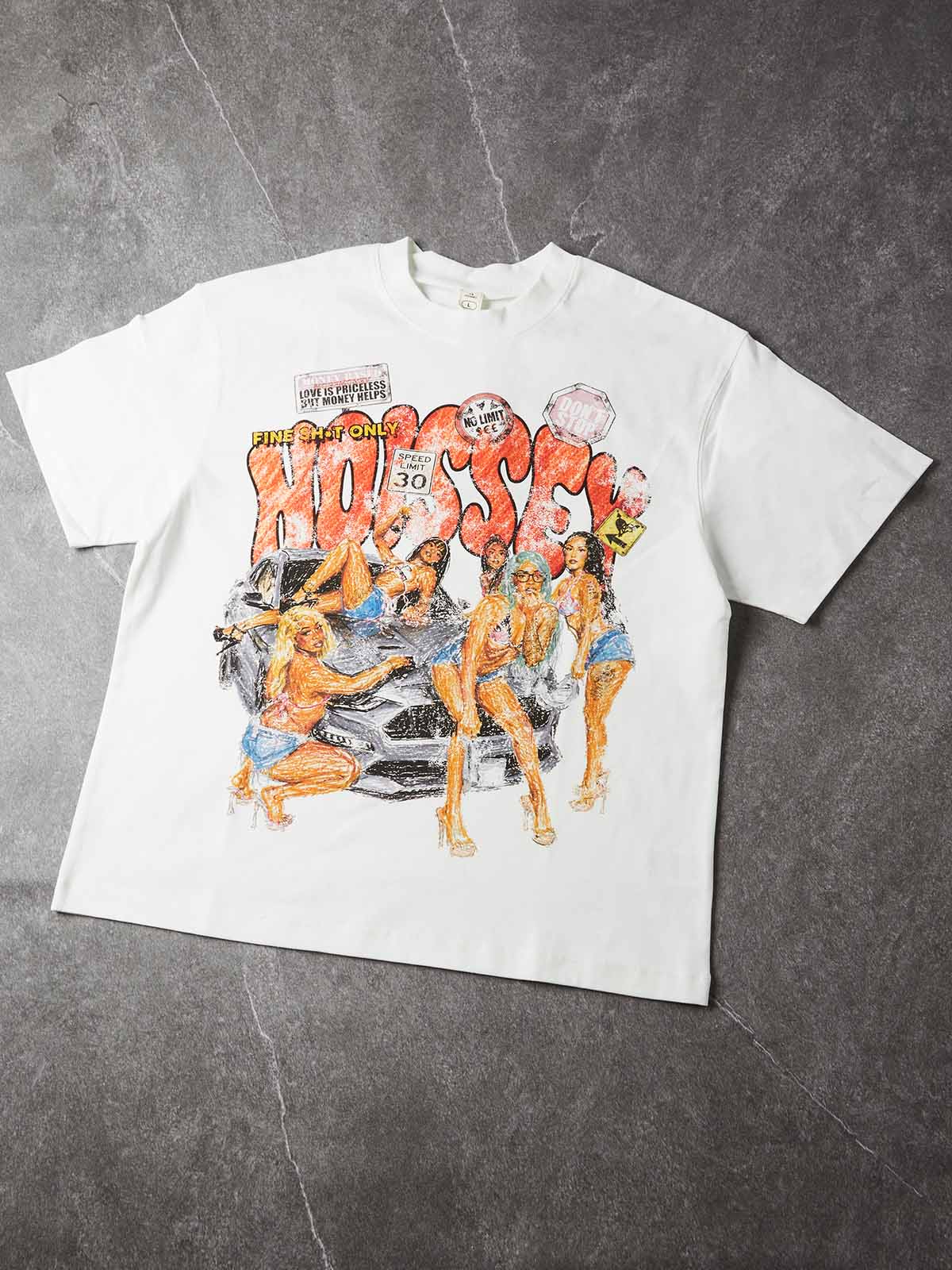 NOISSEY Crayon Graffiti Sports Car Girls Oversized Graphic Tee - White Y2K Streetwear Shirt
