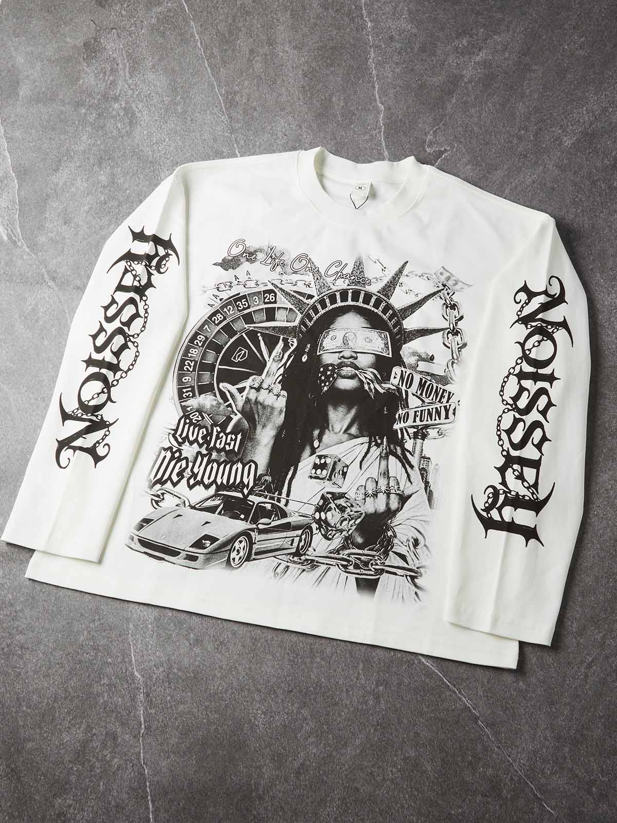 NOISSEY Liberty & Luxury Sports Car Graphic Long Sleeve Sweatshirt (Crisp White)