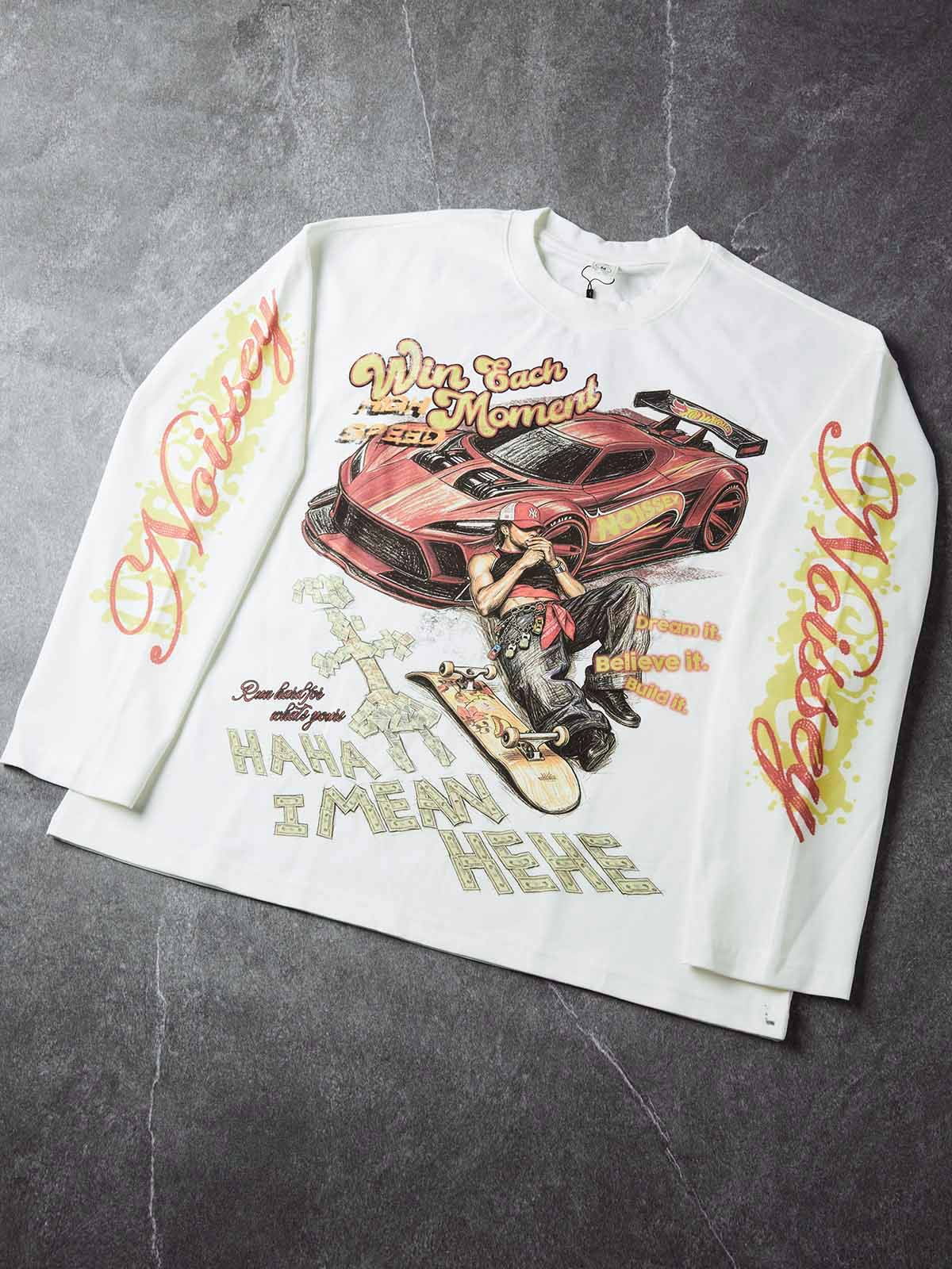 NOISSEY Red Supercar Skater Graphic Crewneck Long Sleeves- White / Black Streetwear