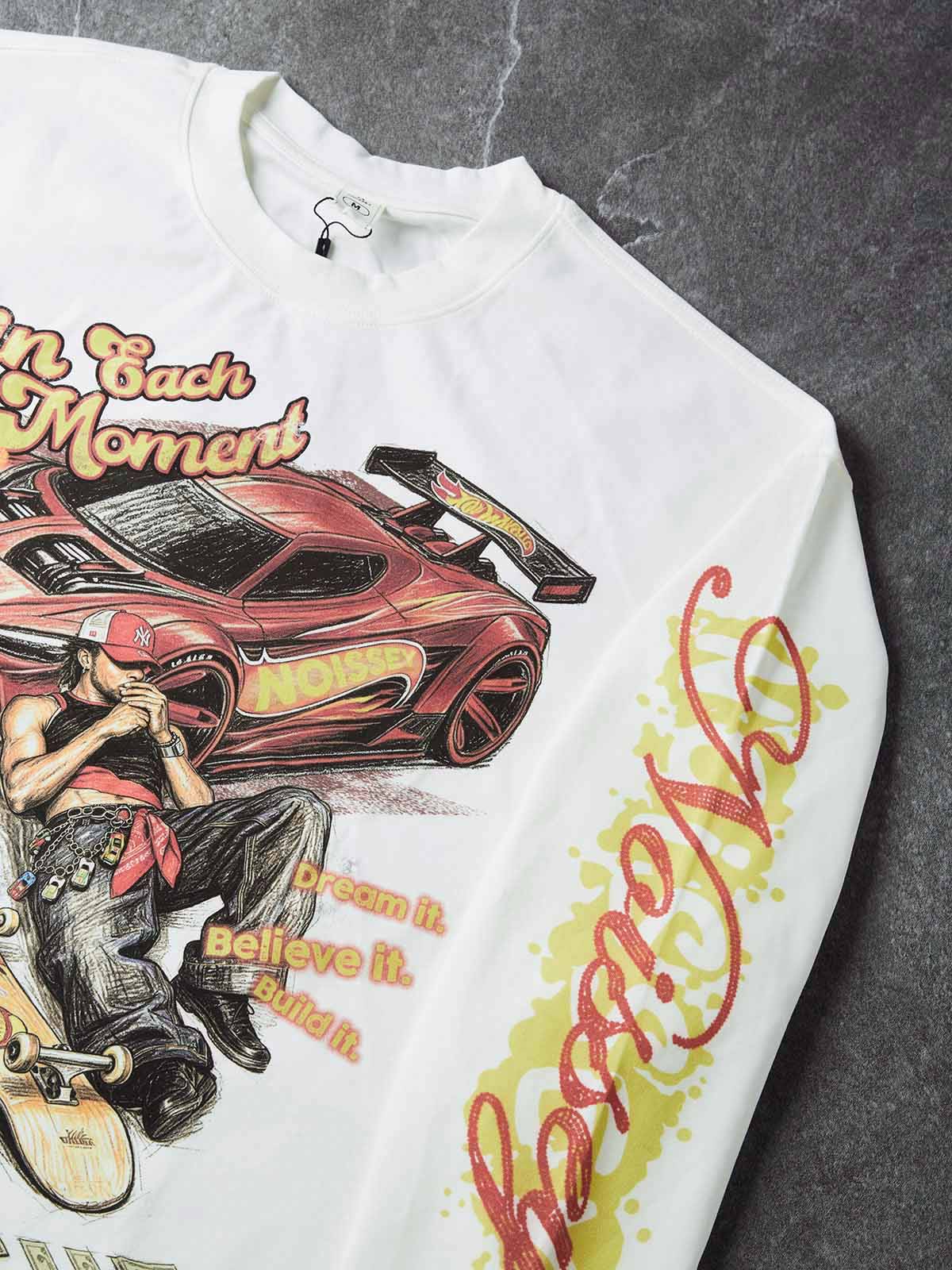 NOISSEY Red Supercar Skater Graphic Crewneck Long Sleeves- White / Black Streetwear