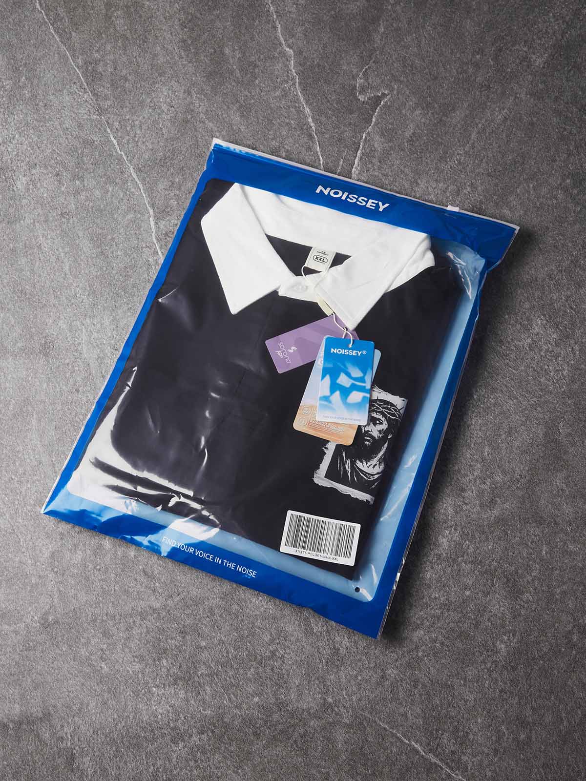 NOISSEY Rhinestone Sleeve & Crown of Thorns Jesus Contrast Collar Polo Sweatshirt - Black  Streetwear Shirt