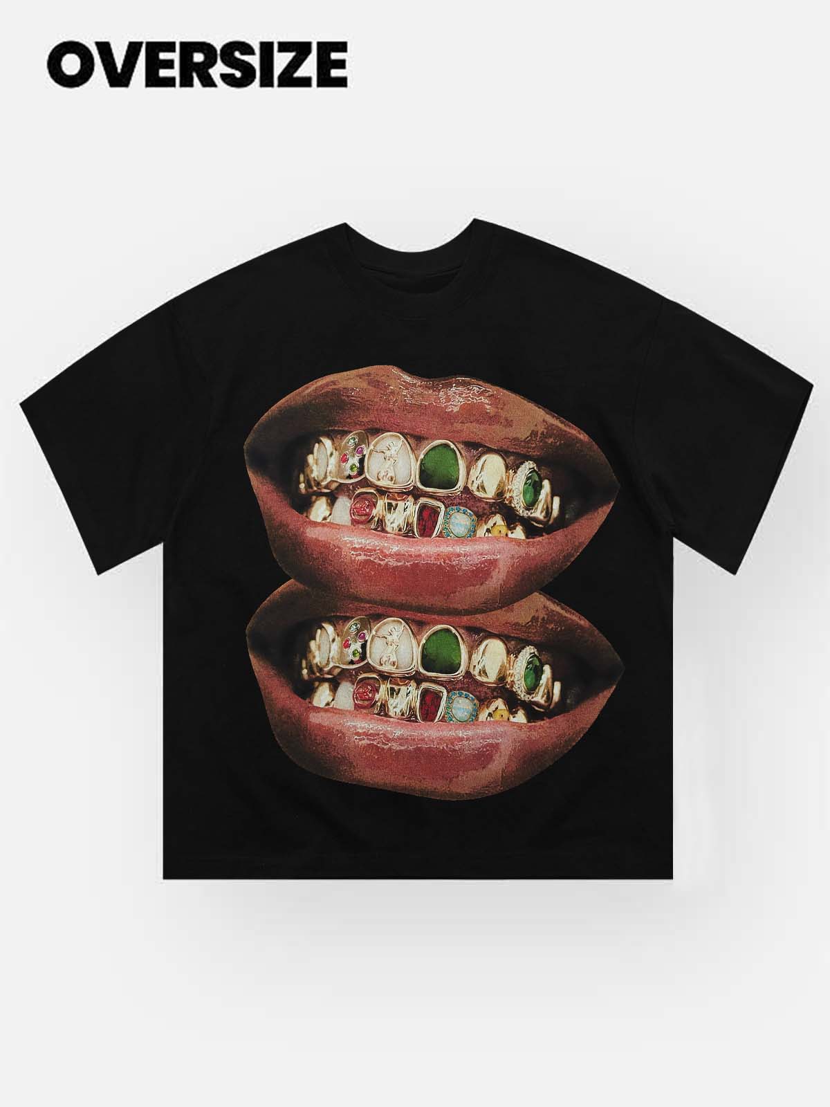 Gold & Jade Unique Grills Lip Print white&black T-Shirt