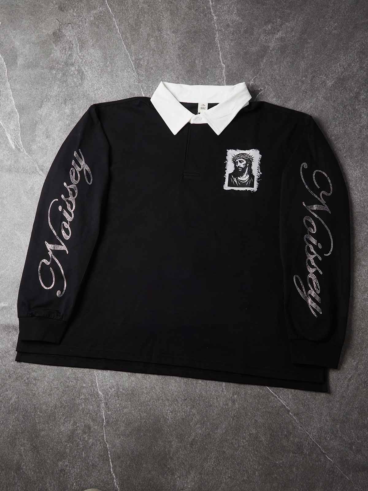NOISSEY Rhinestone Sleeve & Crown of Thorns Jesus Contrast Collar Polo Sweatshirt - Black  Streetwear Shirt