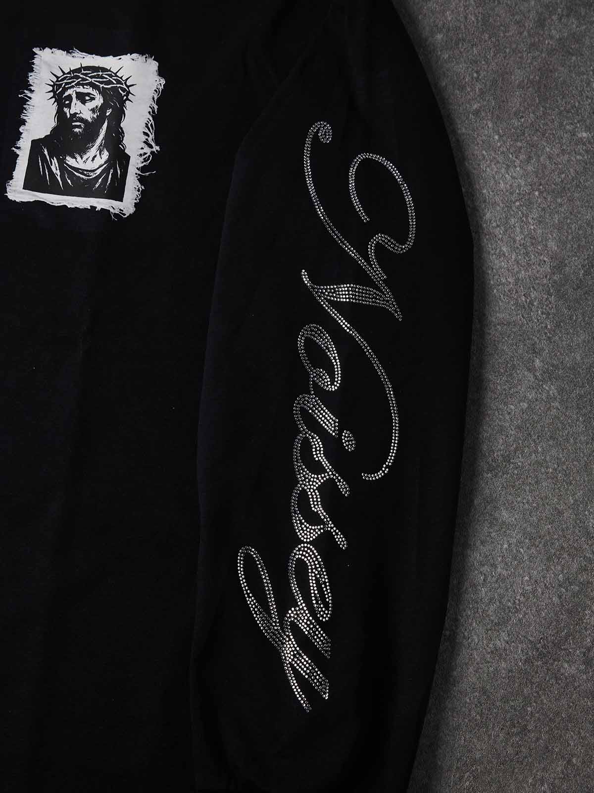 NOISSEY Rhinestone Sleeve & Crown of Thorns Jesus Contrast Collar Polo Sweatshirt - Black  Streetwear Shirt