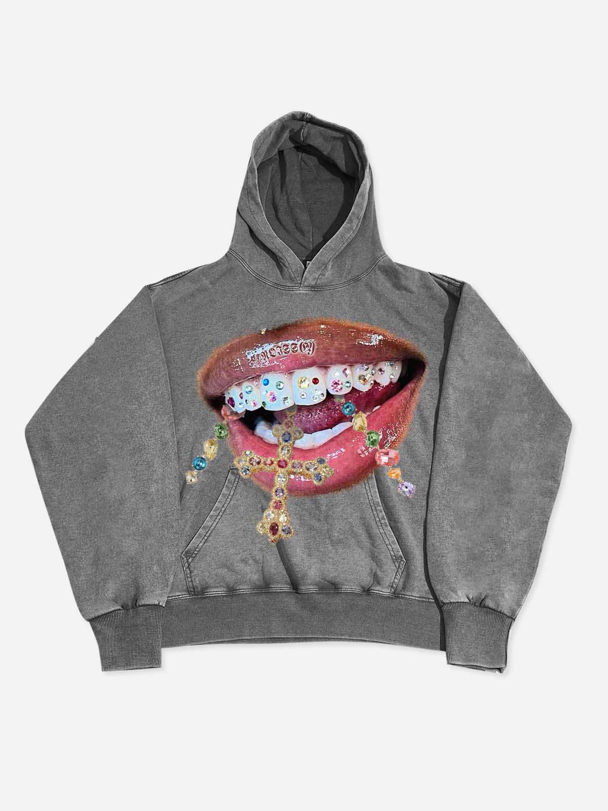 Diamond Teeth Cross Print 350g Washed Hoodie