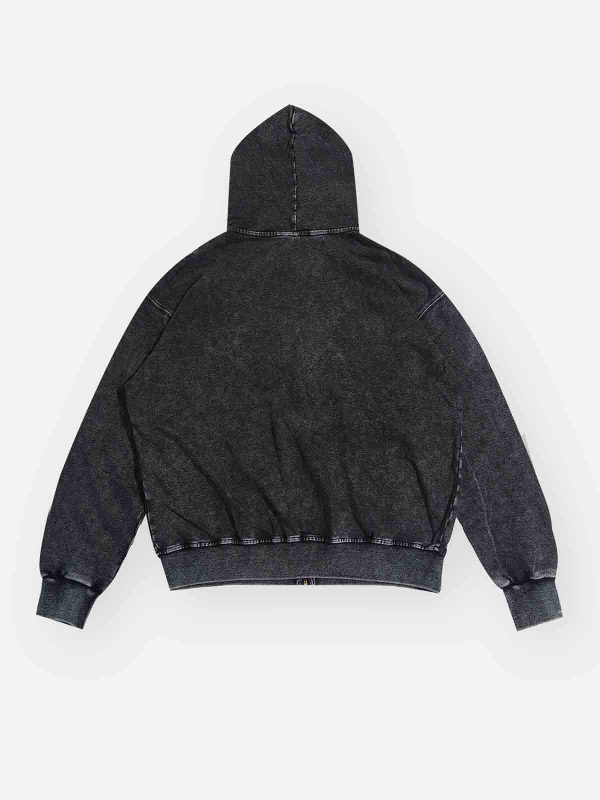 Magazine-style 350g Black Wash Print Zipper Hoodie