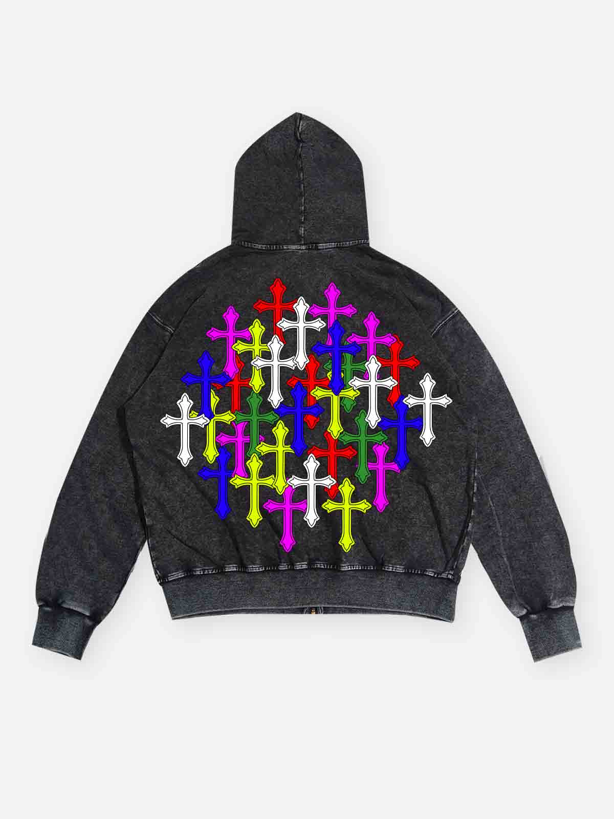 Colorful Cross Zip-Up 350g Black Washed Hoodie