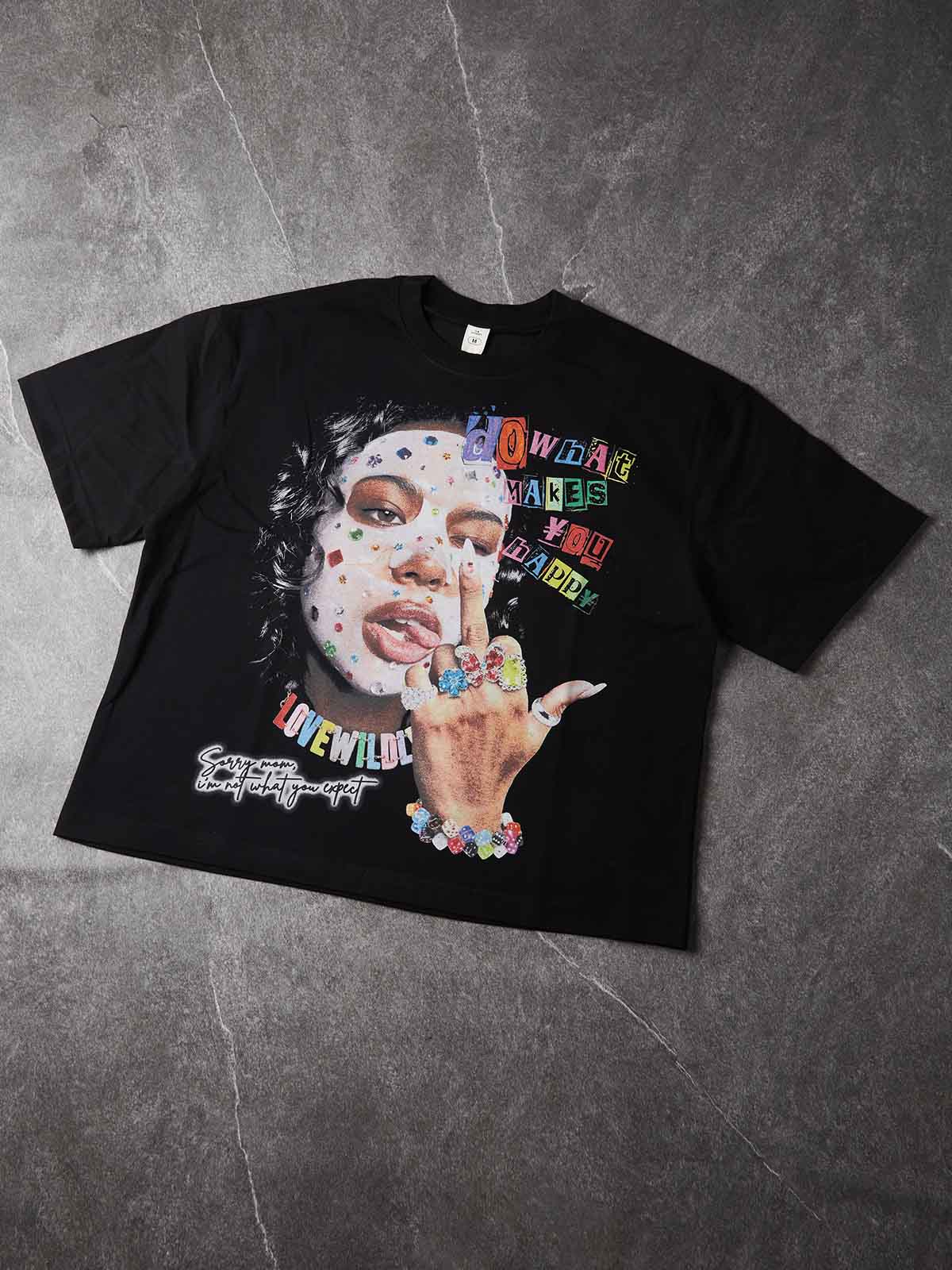 NOISSEY Rhinestone Face Mask & Street Hand Gesture Magazine Collage Graphic Cropped Tee (Pitch Black)