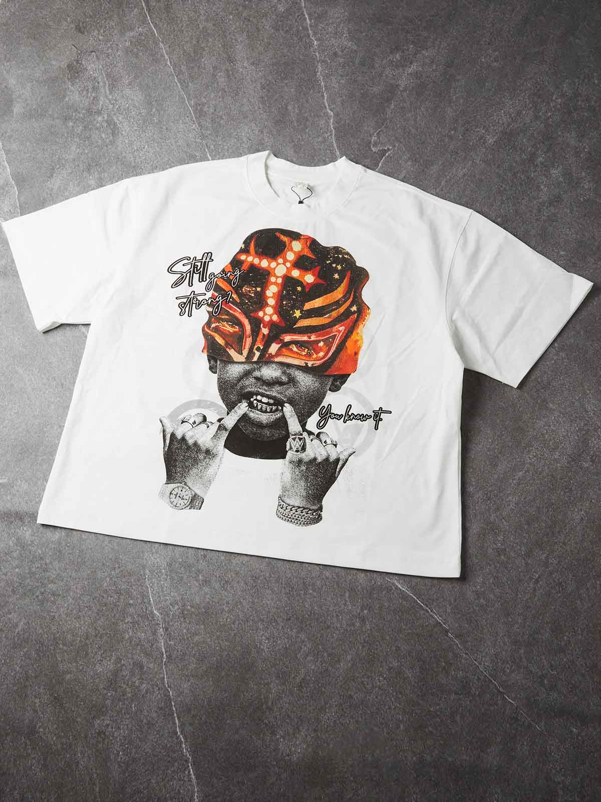 NOISSEY Lucha Mask Kid Gold Grillz Boxy Graphic Tee - White Streetwear Shirt
