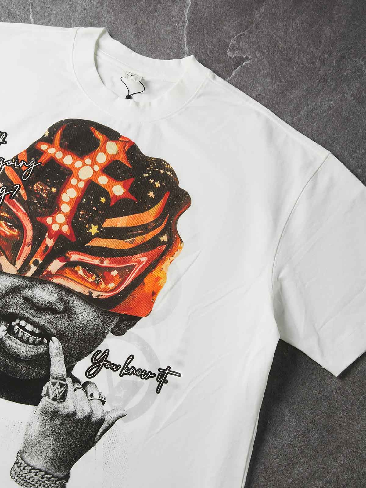 NOISSEY Lucha Mask Kid Gold Grillz Boxy Graphic Tee - White Streetwear Shirt