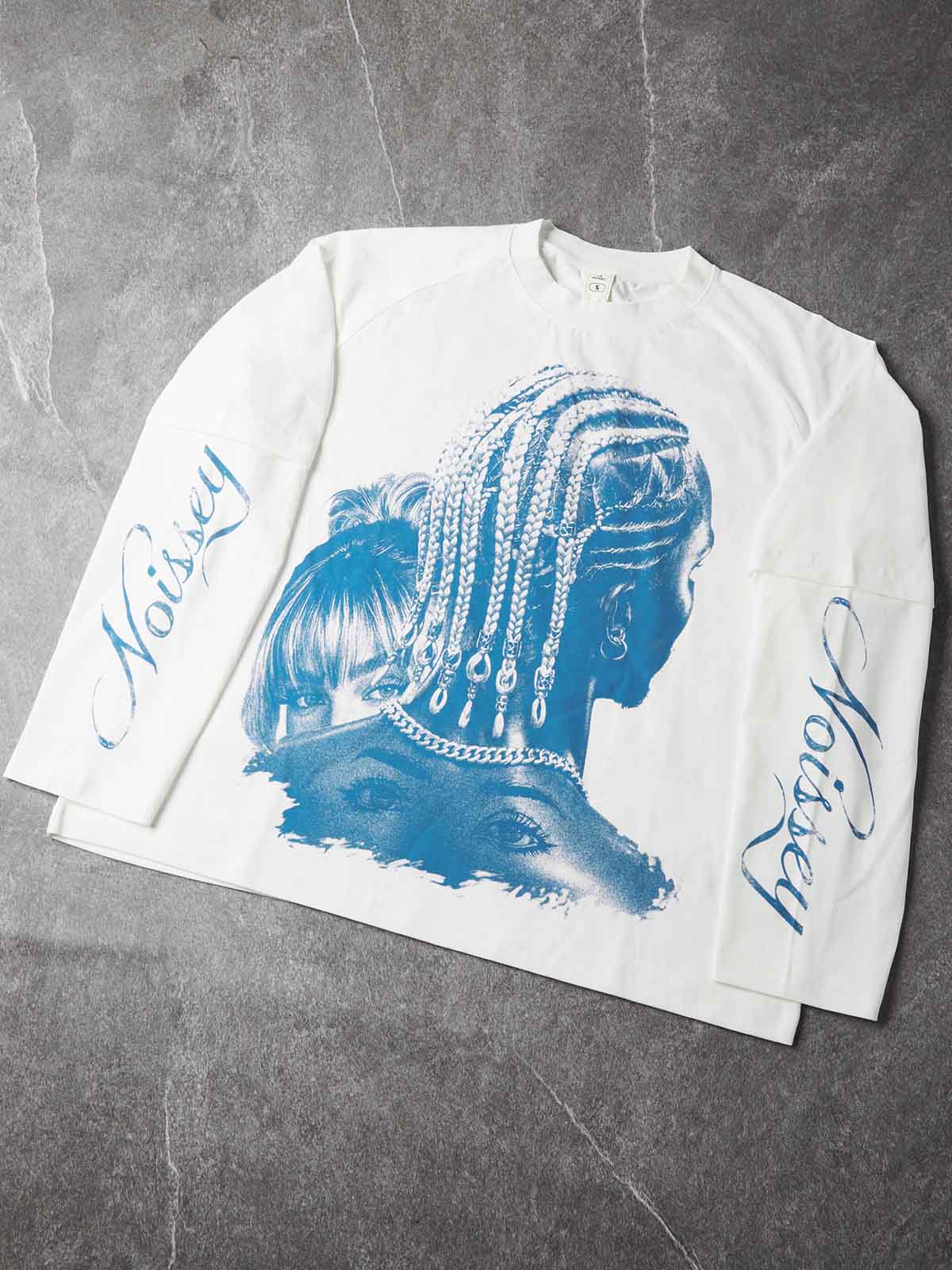 NOISSEY Blue Woodcut Couple Graphic Layered Long Sleeve Sweatshirt - White Oversized Streetwear Pullover