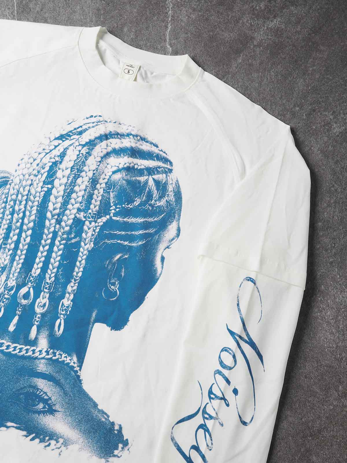 NOISSEY Blue Woodcut Couple Graphic Layered Long Sleeve Sweatshirt - White Oversized Streetwear Pullover