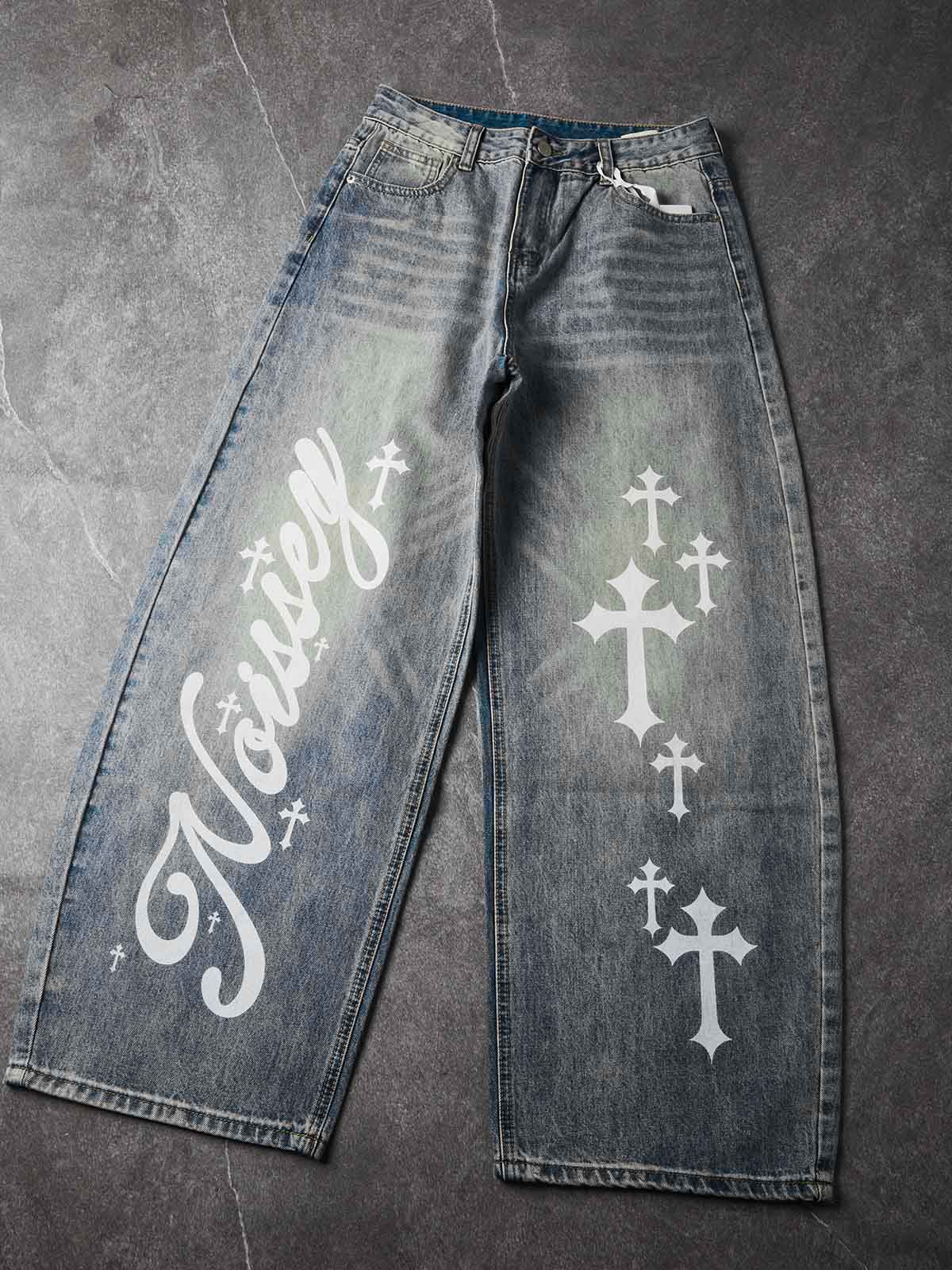 NOISSEY Vintage Washed Blue Cross Cursive Scythe Wide-Leg Jeans