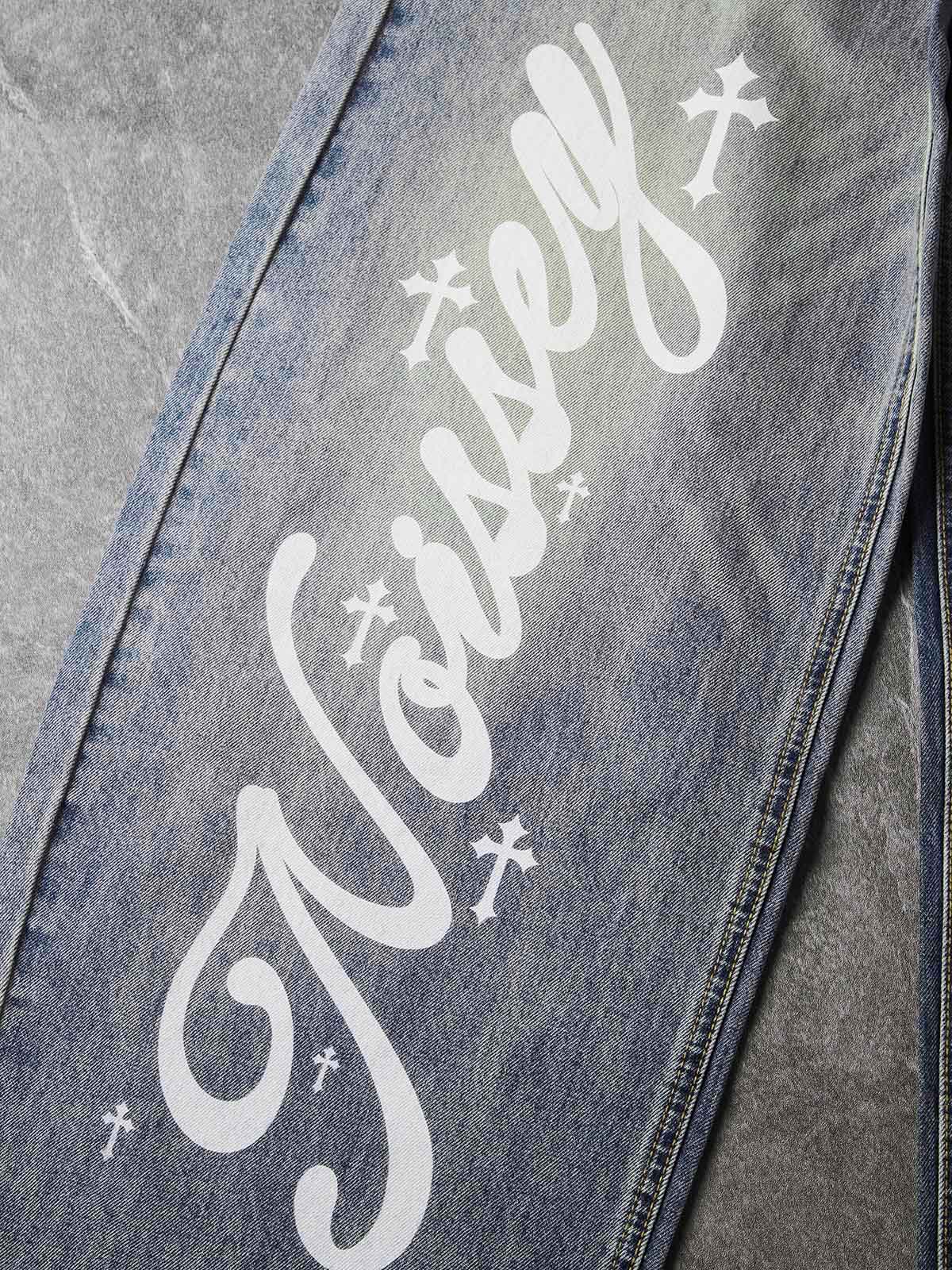 NOISSEY Vintage Washed Blue Cross Cursive Scythe Wide-Leg Jeans