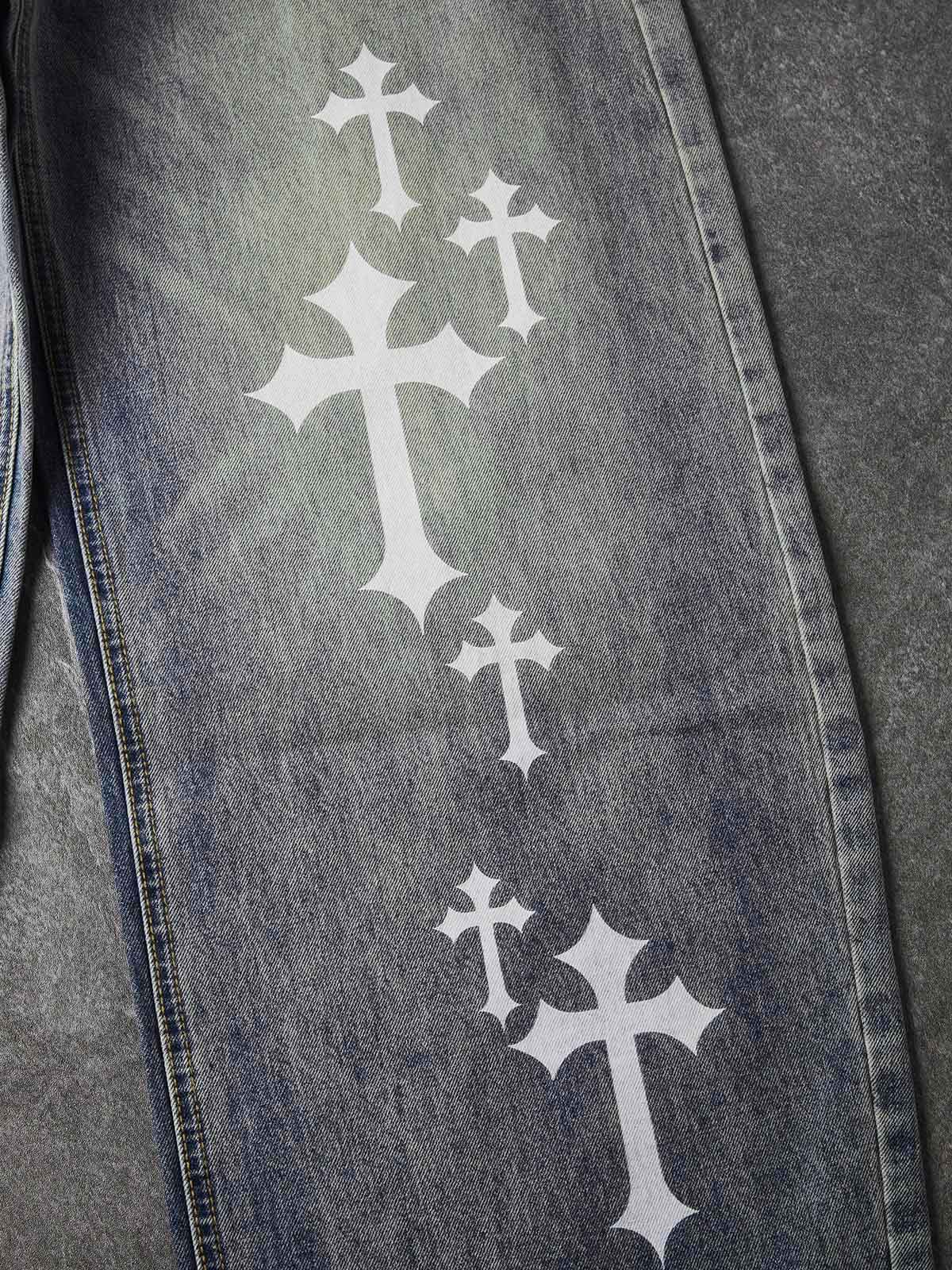 NOISSEY Vintage Washed Blue Cross Cursive Scythe Wide-Leg Jeans