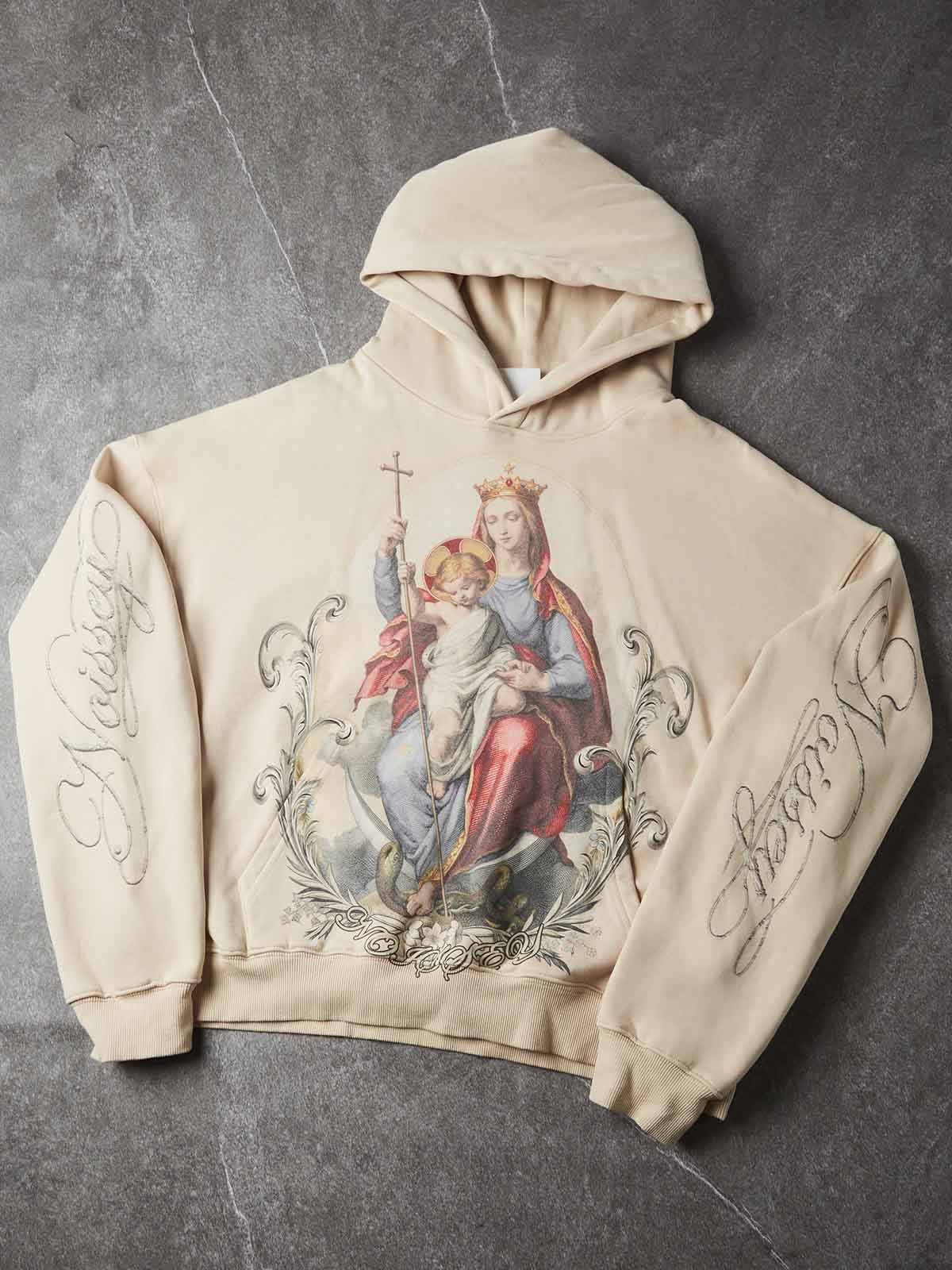NOISSEY Vintage Oil Painting Virgin & Child Graphic Cropped Hoodie - Beige Streetwear Pullover