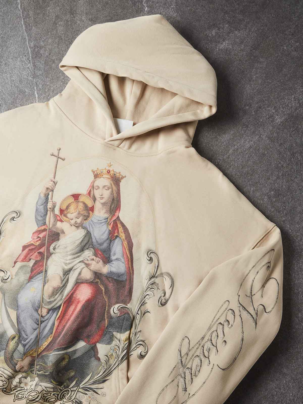 NOISSEY Vintage Oil Painting Virgin & Child Graphic Cropped Hoodie - Beige Streetwear Pullover