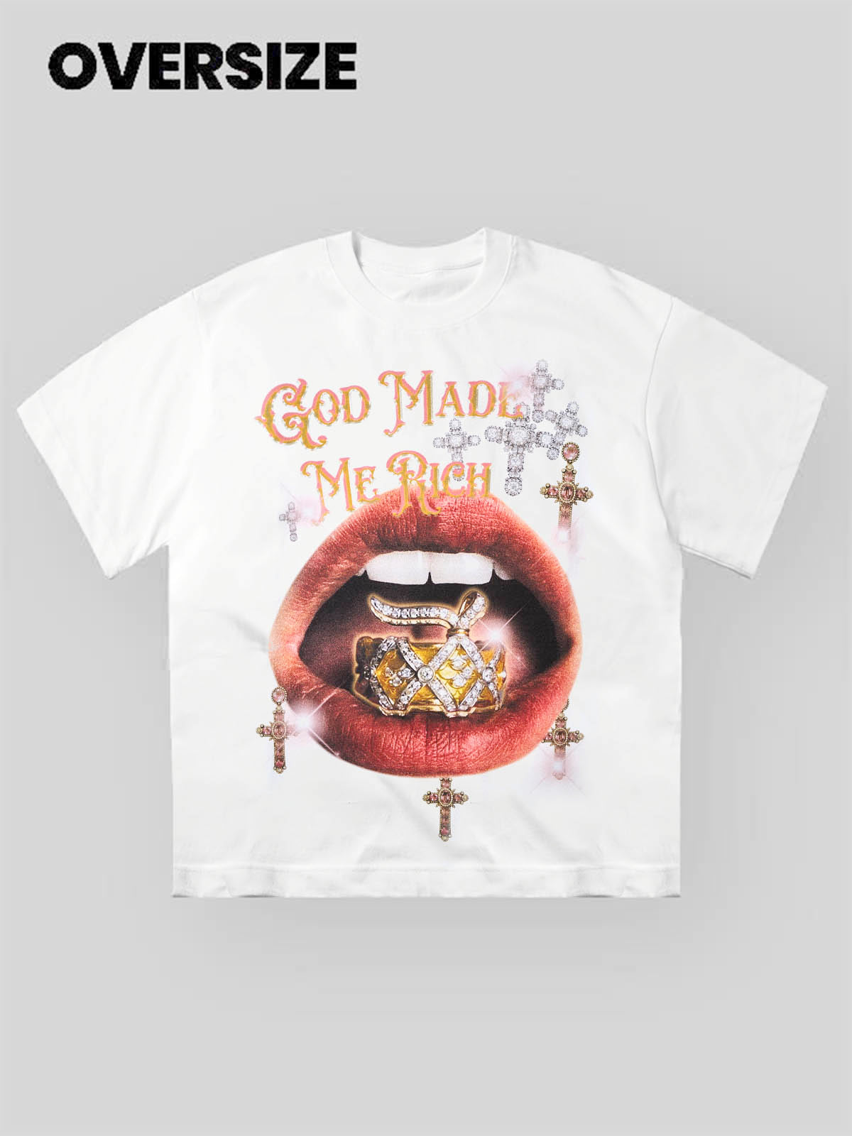 God made me rich” lips print T-shirt