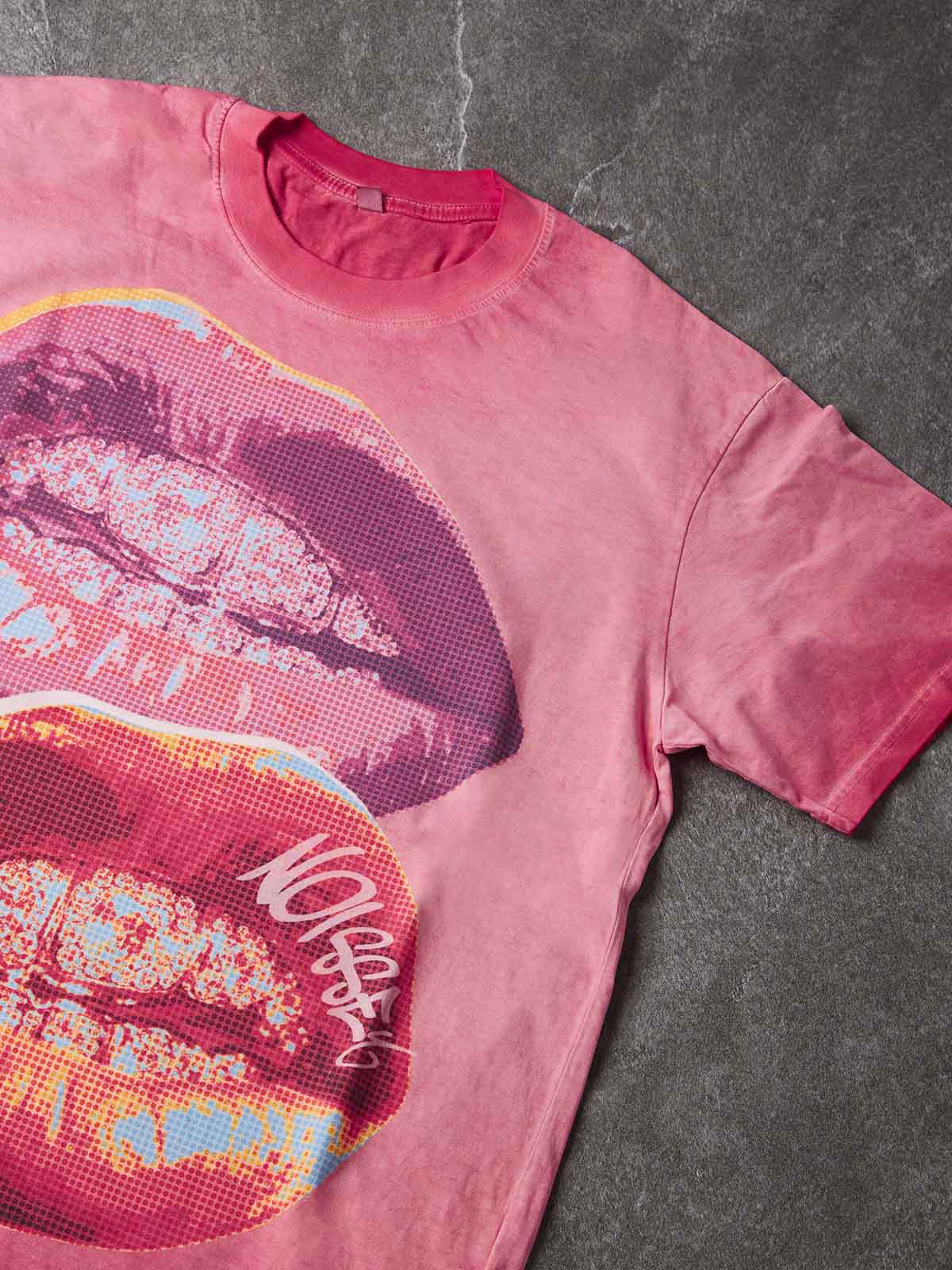 NOISSEY Double Pop Art Iced-Out Lips Graphic Tee - Pink Oversized Streetwear Shirt