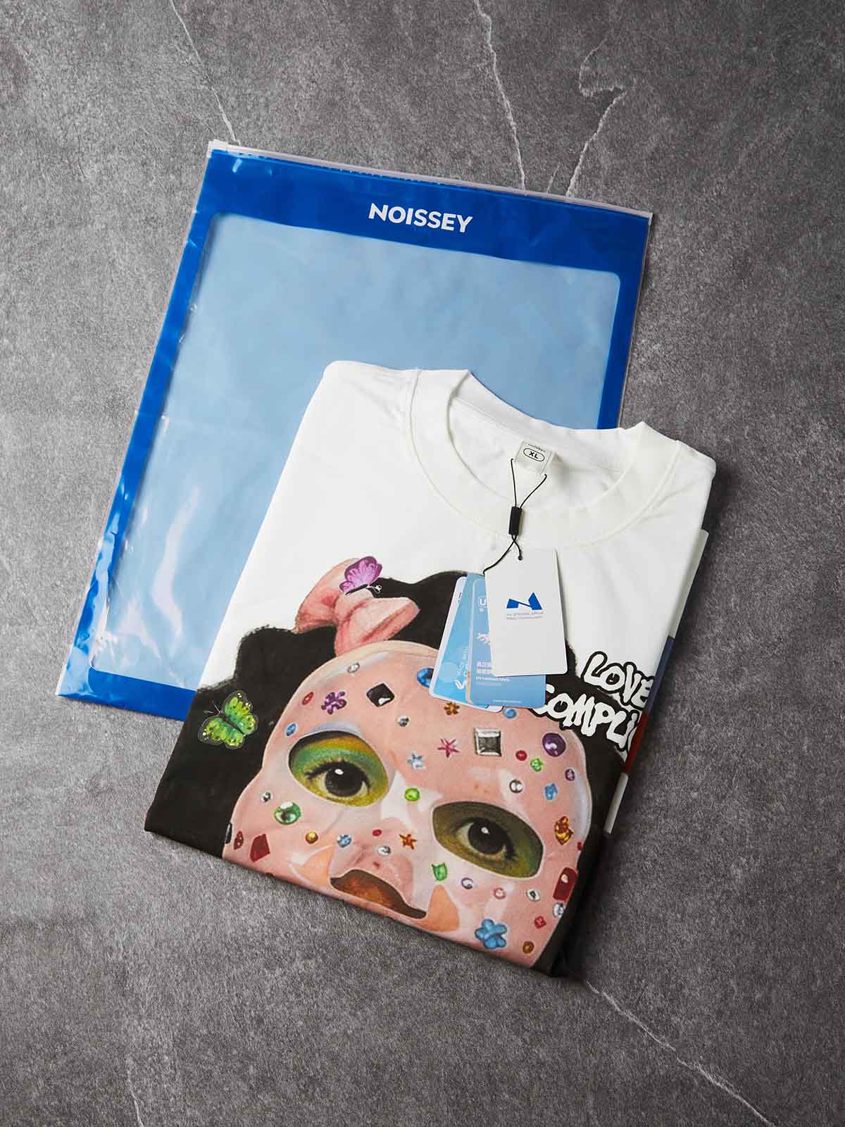 NOISSEY Bedazzled Face Mask Girl Graphic Boxy Tee - White Y2K Streetwear Shirt