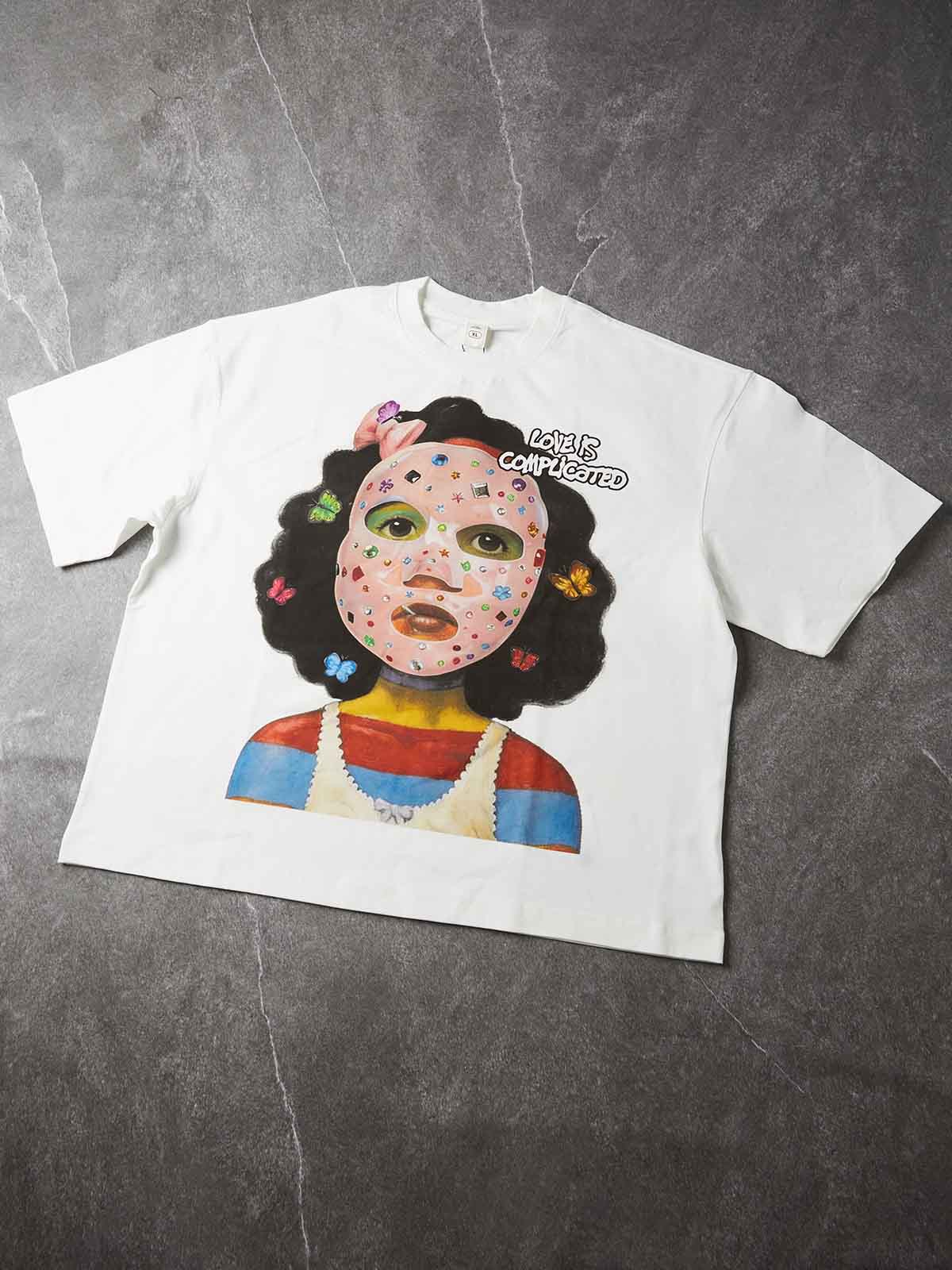 NOISSEY Bedazzled Face Mask Girl Graphic Boxy Tee - White Y2K Streetwear Shirt