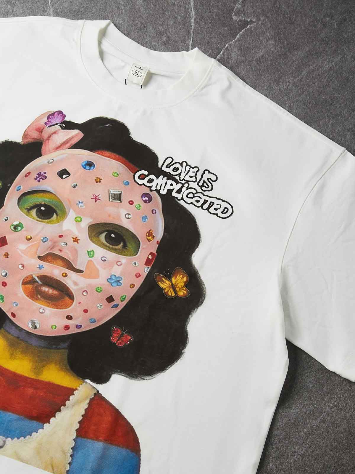 NOISSEY Bedazzled Face Mask Girl Graphic Boxy Tee - White Y2K Streetwear Shirt
