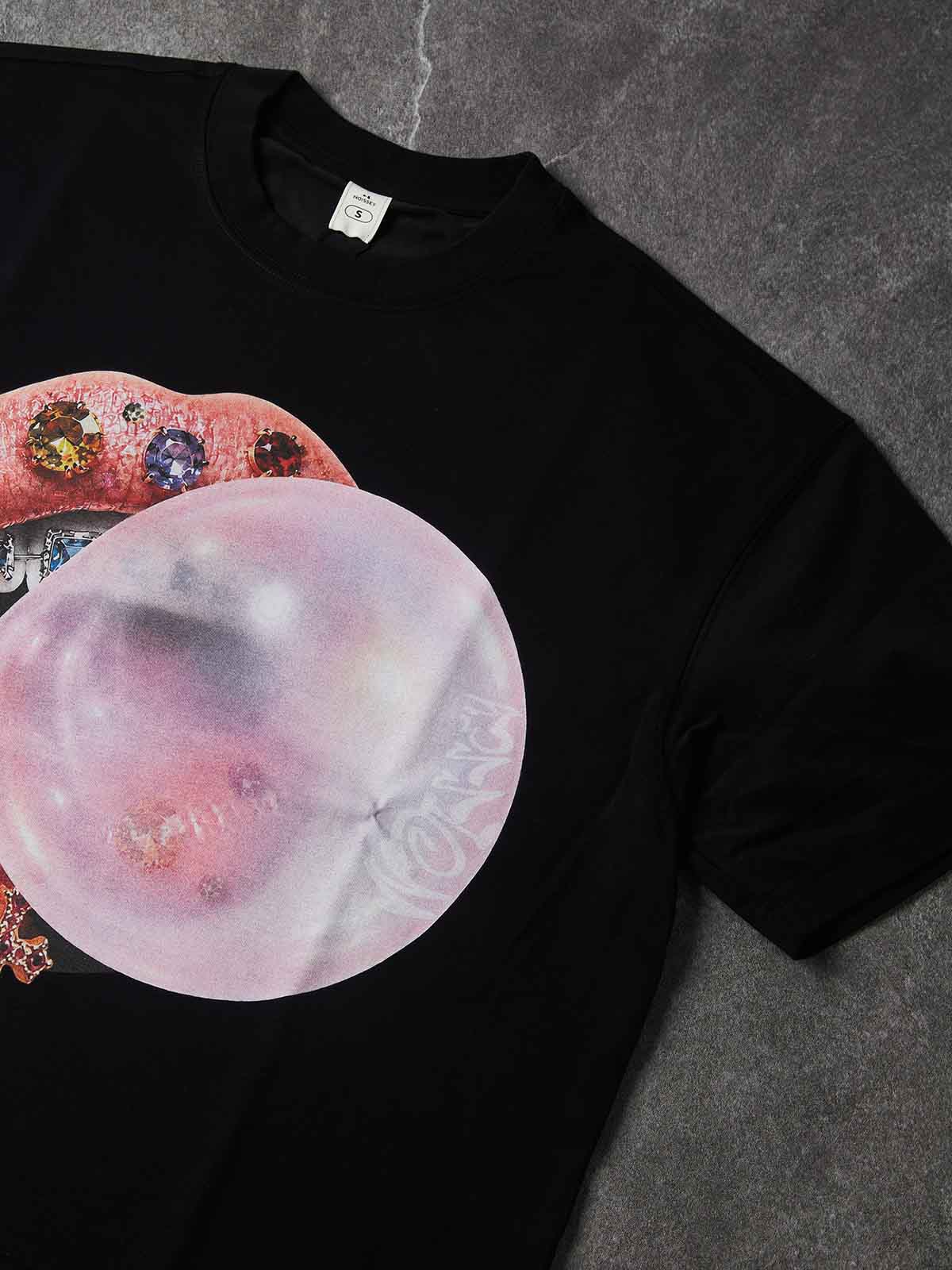 NOISSEY Jeweled Lips Bubblegum Boxy Graphic Tee - Y2K Punk Streetwear Shirt