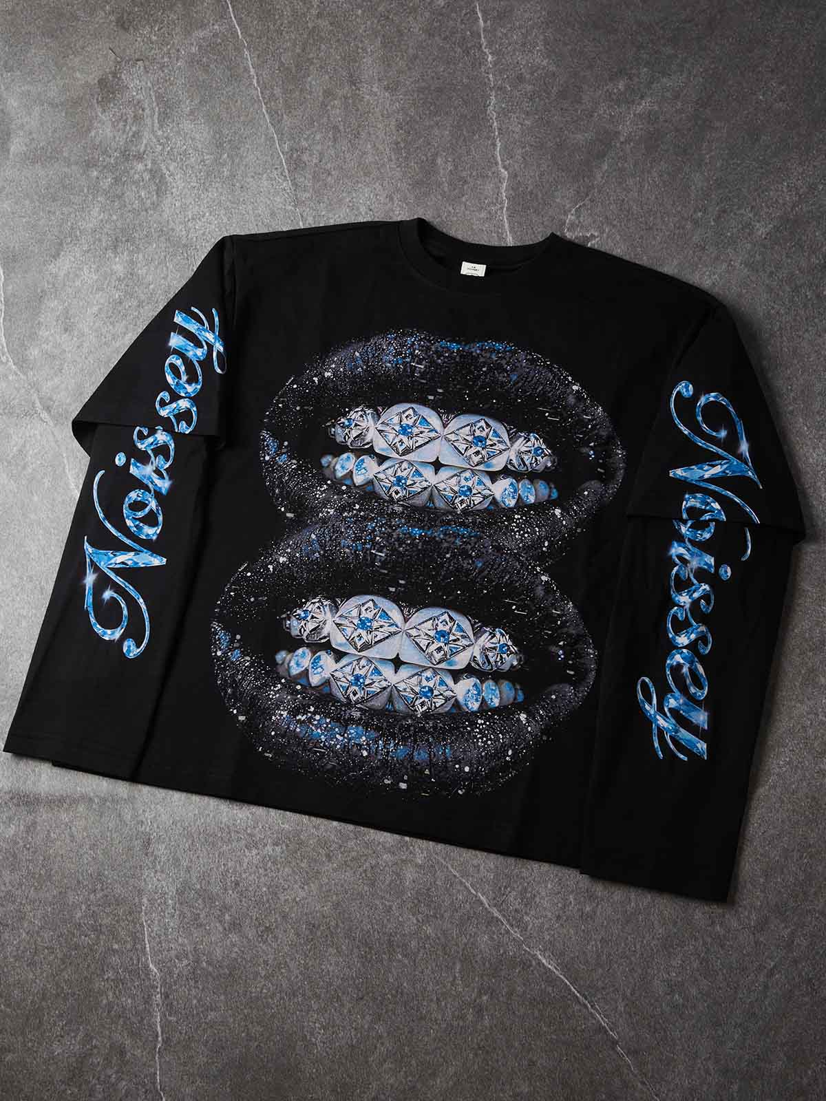 NOISSEY Glitter Sapphire Iced-Out Lips Faux Layer Long Sleeves