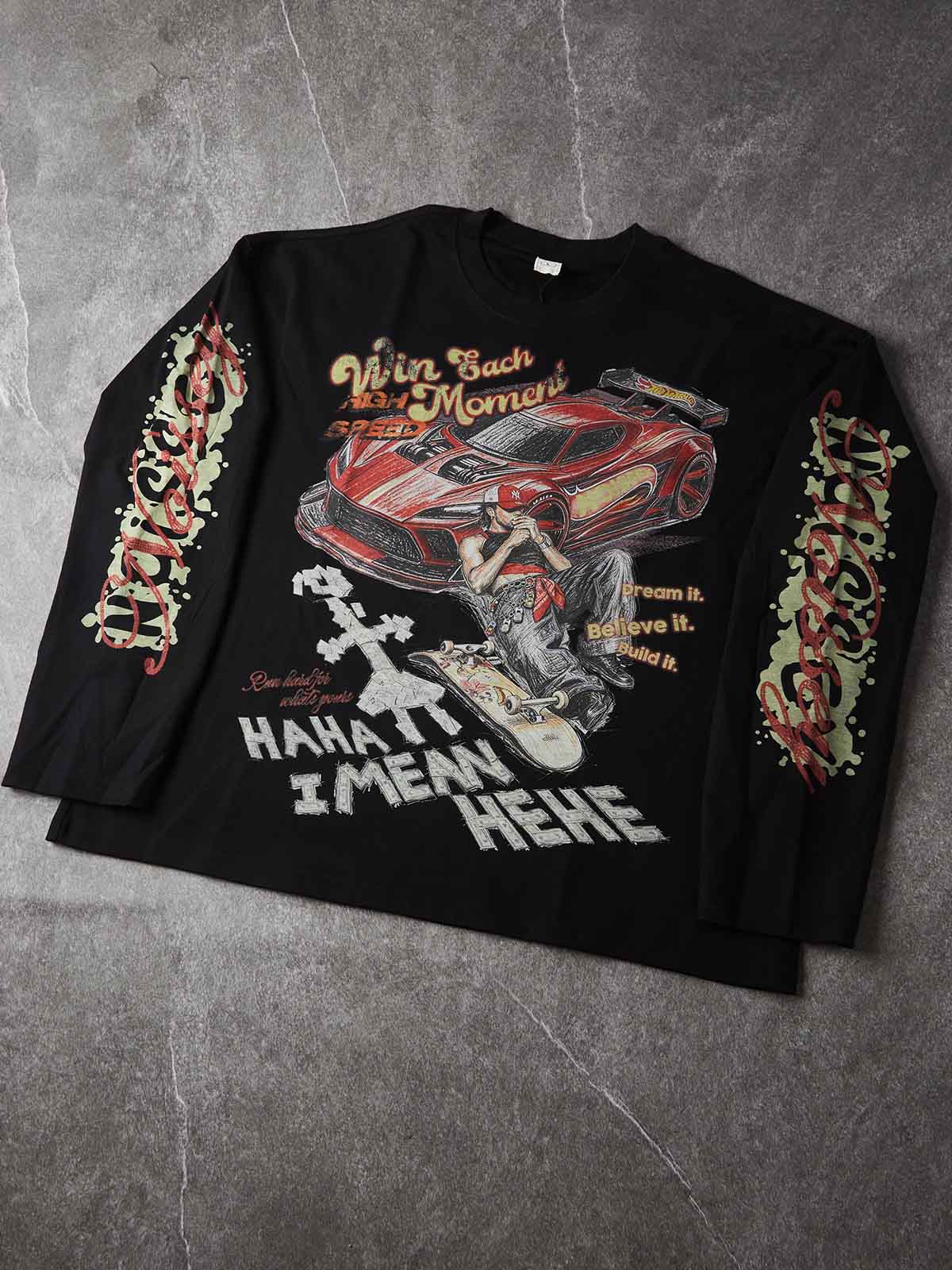 NOISSEY Red Supercar Skater Graphic Crewneck Long Sleeves- White / Black Streetwear