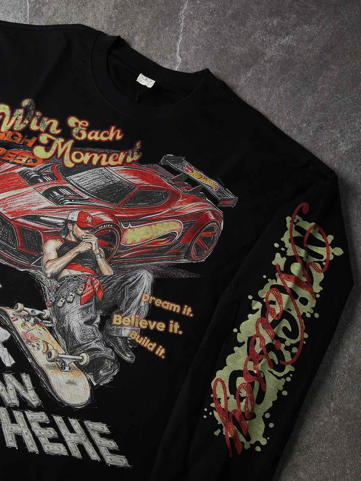 NOISSEY Red Supercar Skater Graphic Crewneck Long Sleeves- White / Black Streetwear