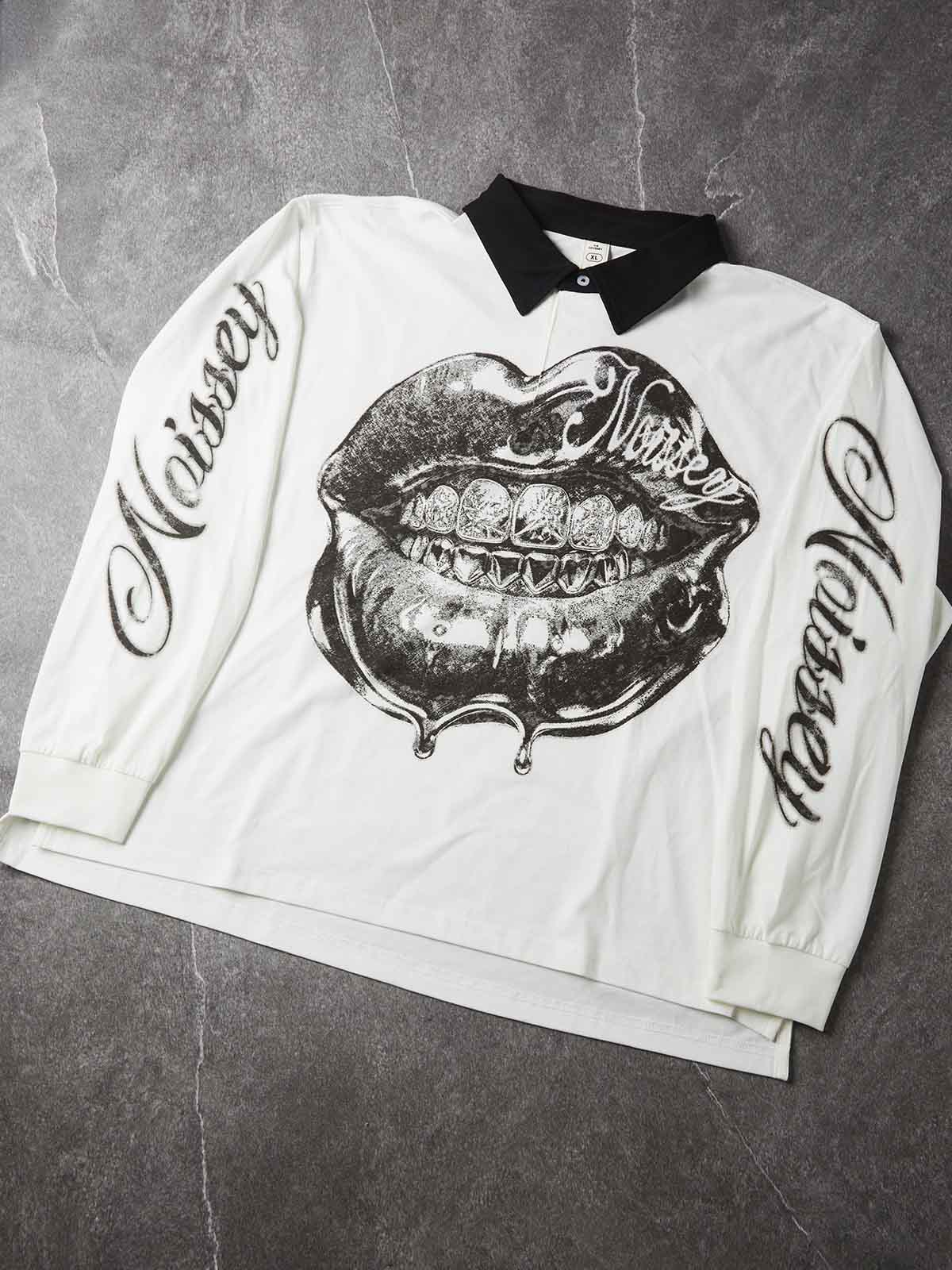 NOISSEY Liquid Chrome Iced-Out Lips Contrast Collar Polo Sweatshirt