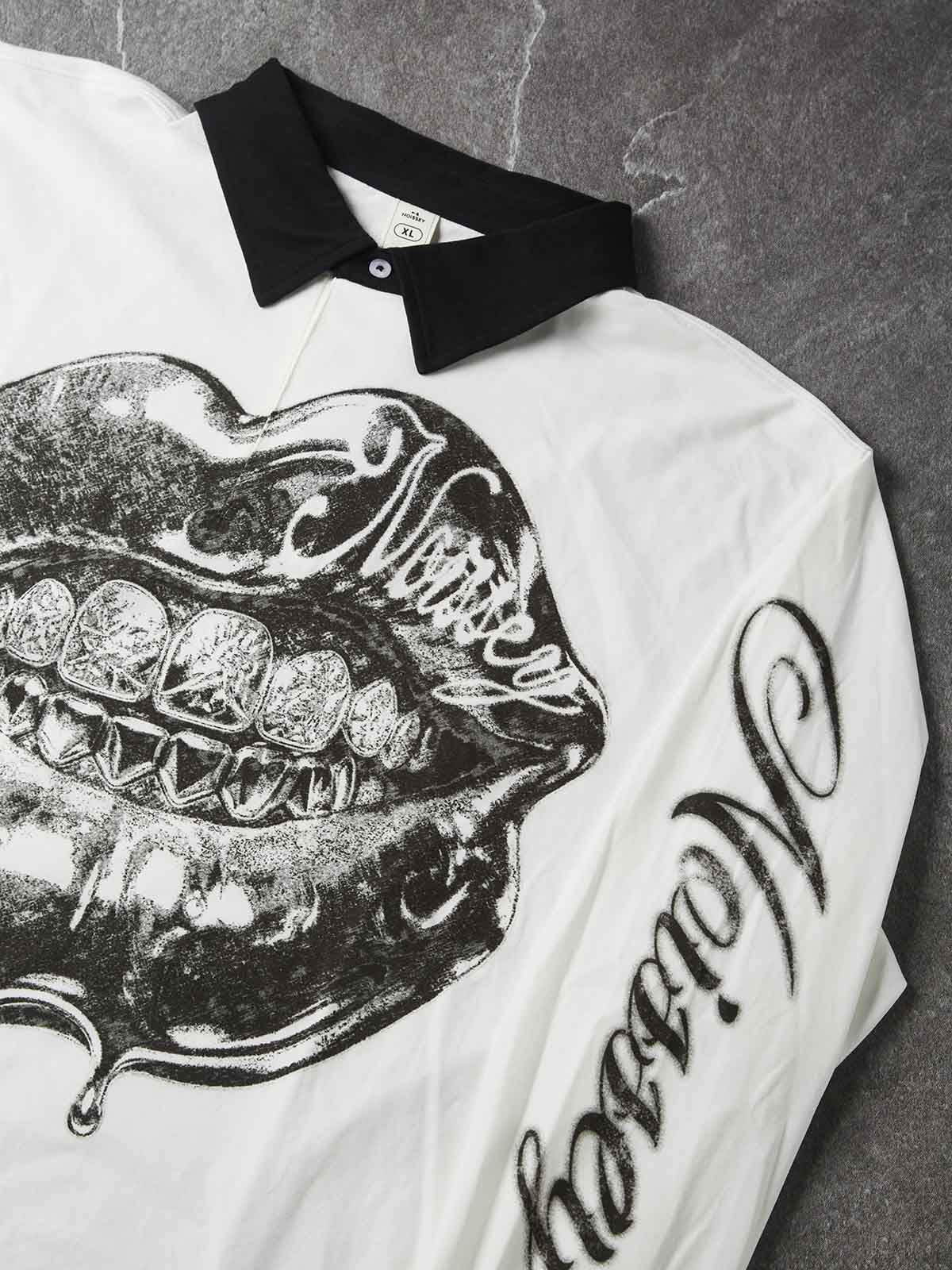 NOISSEY Liquid Chrome Iced-Out Lips Contrast Collar Polo Sweatshirt