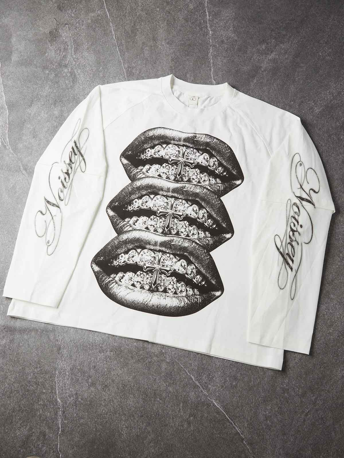 NOISSEY Monochrome Triple Iced-Out Cross Lips Faux Layer Long Sleeves - White Streetwear