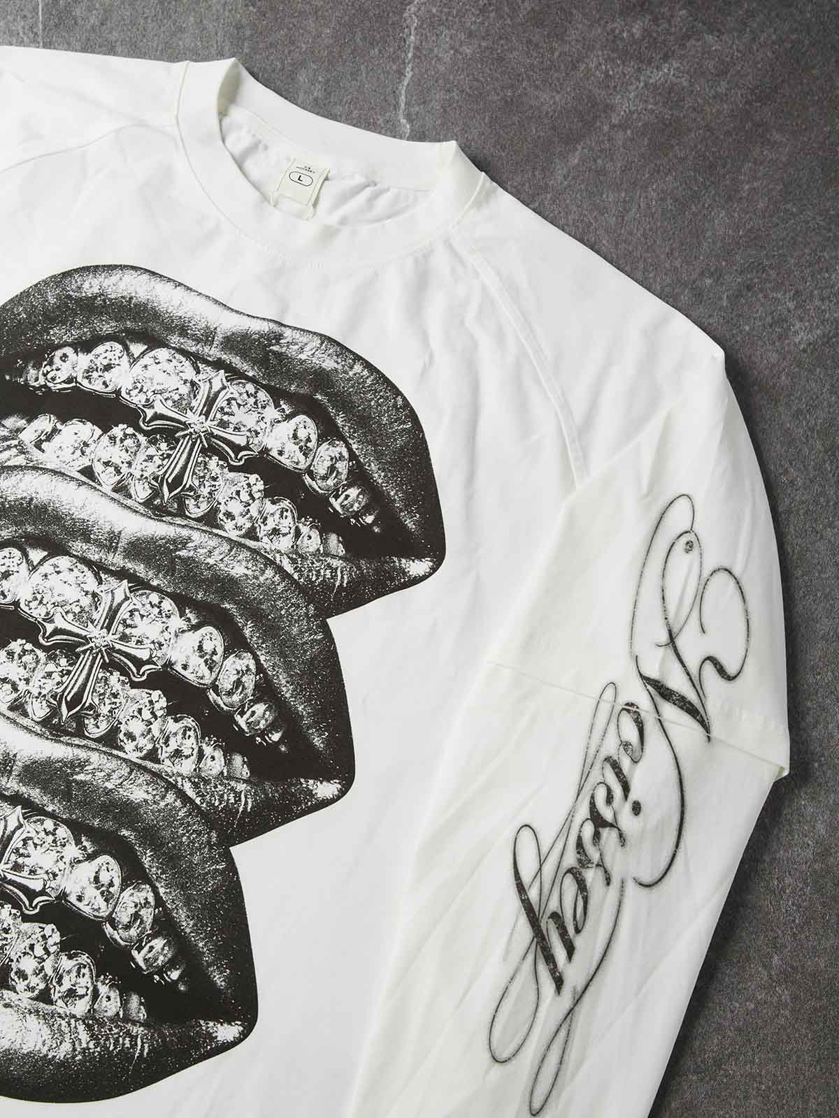 NOISSEY Monochrome Triple Iced-Out Cross Lips Faux Layer Long Sleeves - White Streetwear