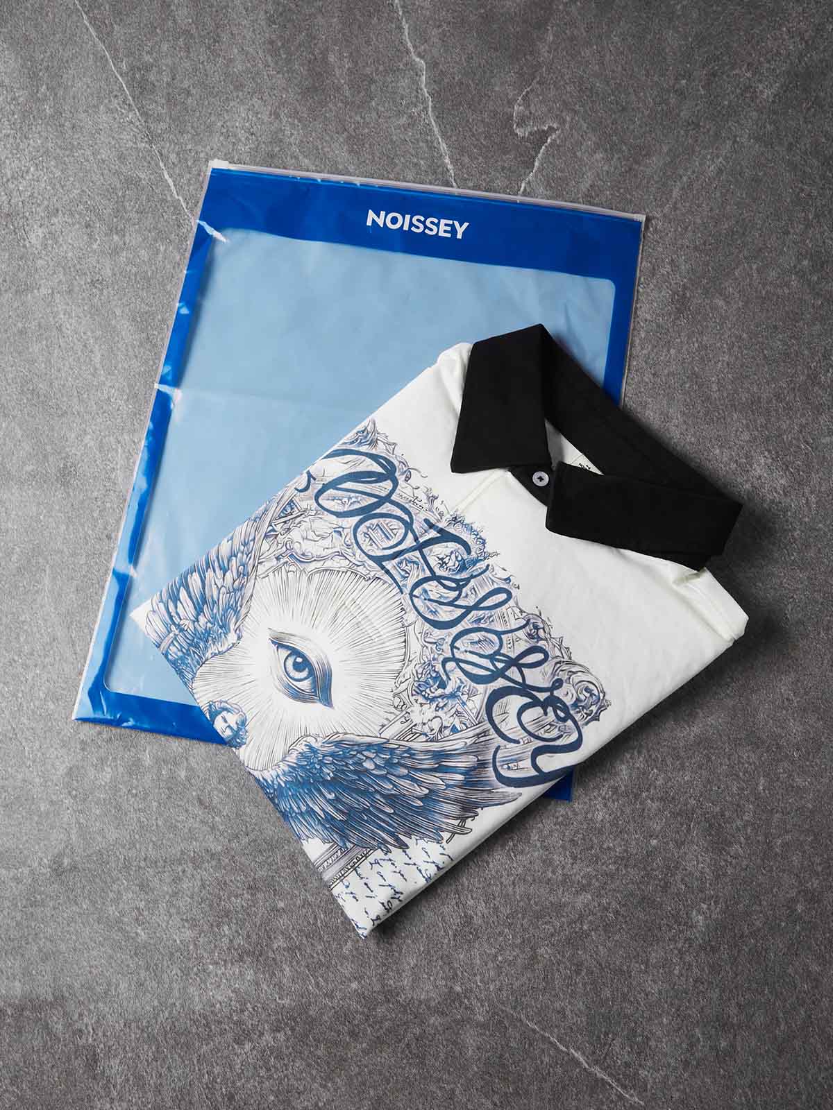 NOISSEY Archangel Michael Cyanotype Graphic Heavyweight Contrast Collar Polo Long Sleeves