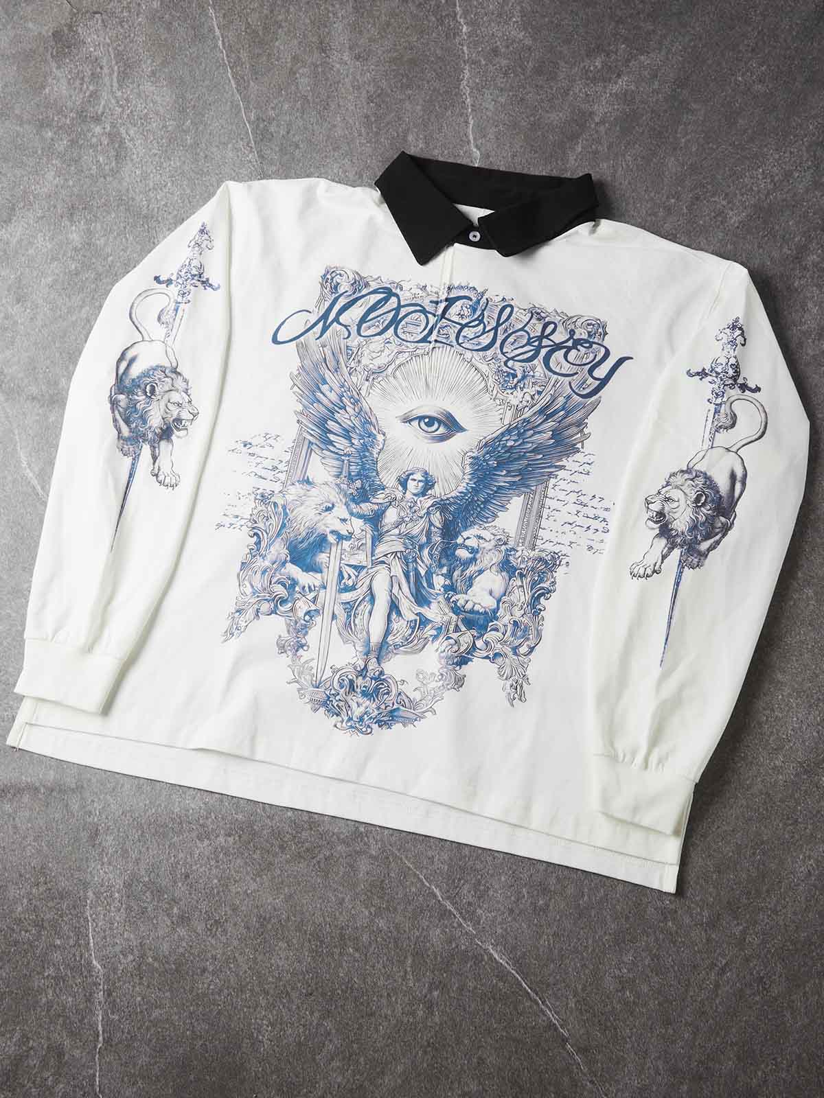NOISSEY Archangel Michael Cyanotype Graphic Heavyweight Contrast Collar Polo Long Sleeves
