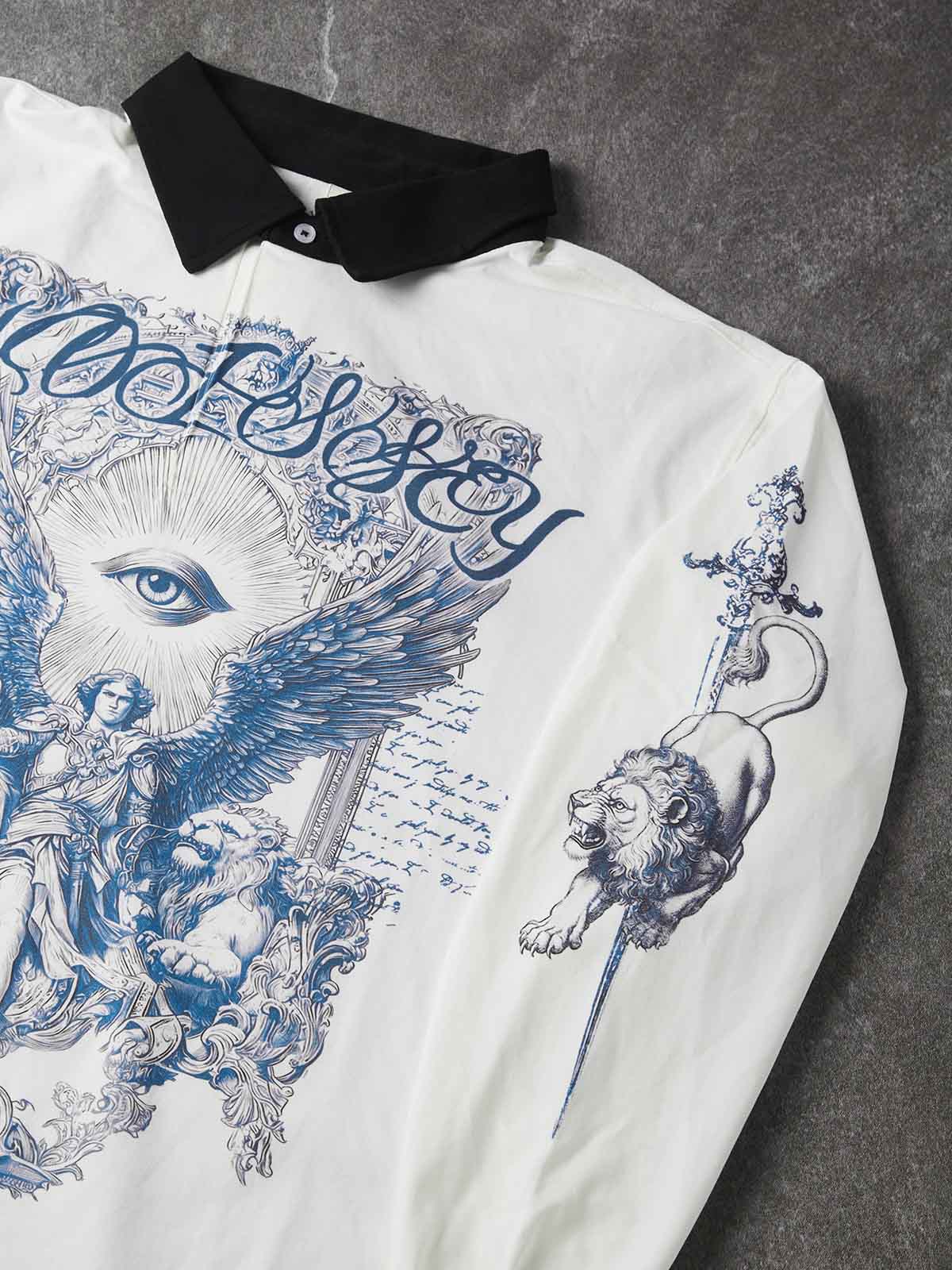 NOISSEY Archangel Michael Cyanotype Graphic Heavyweight Contrast Collar Polo Long Sleeves