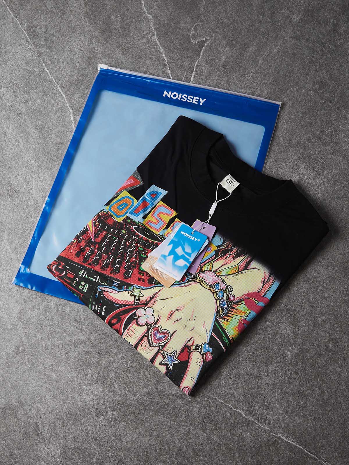 NOISSEY Pop Art DJ Turntable Oversized Graphic Tee - Black Y2K Party Streetwear Shirt