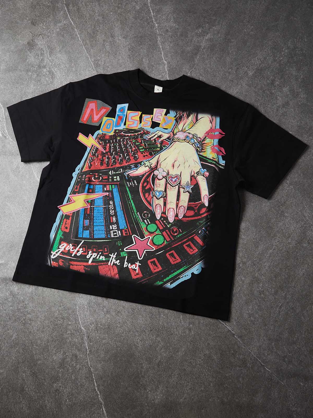 NOISSEY Pop Art DJ Turntable Oversized Graphic Tee - Black Y2K Party Streetwear Shirt