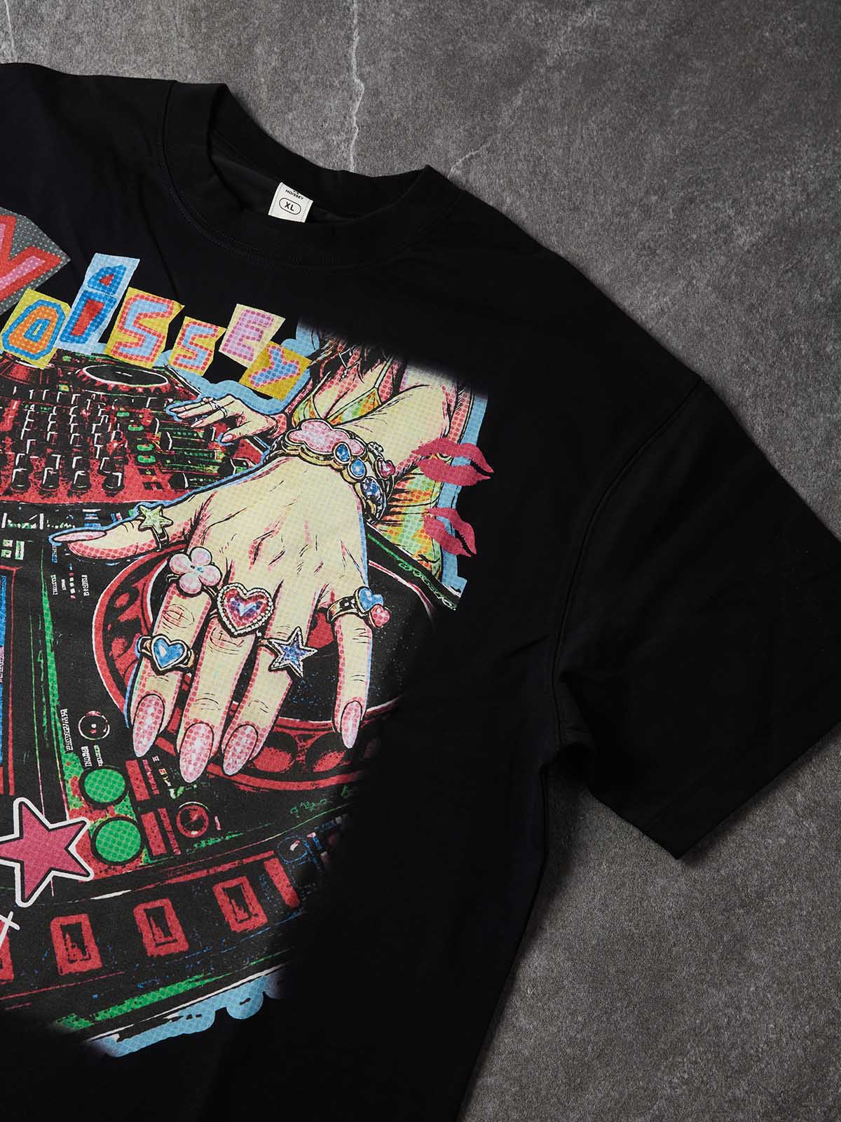 NOISSEY Pop Art DJ Turntable Oversized Graphic Tee - Black Y2K Party Streetwear Shirt