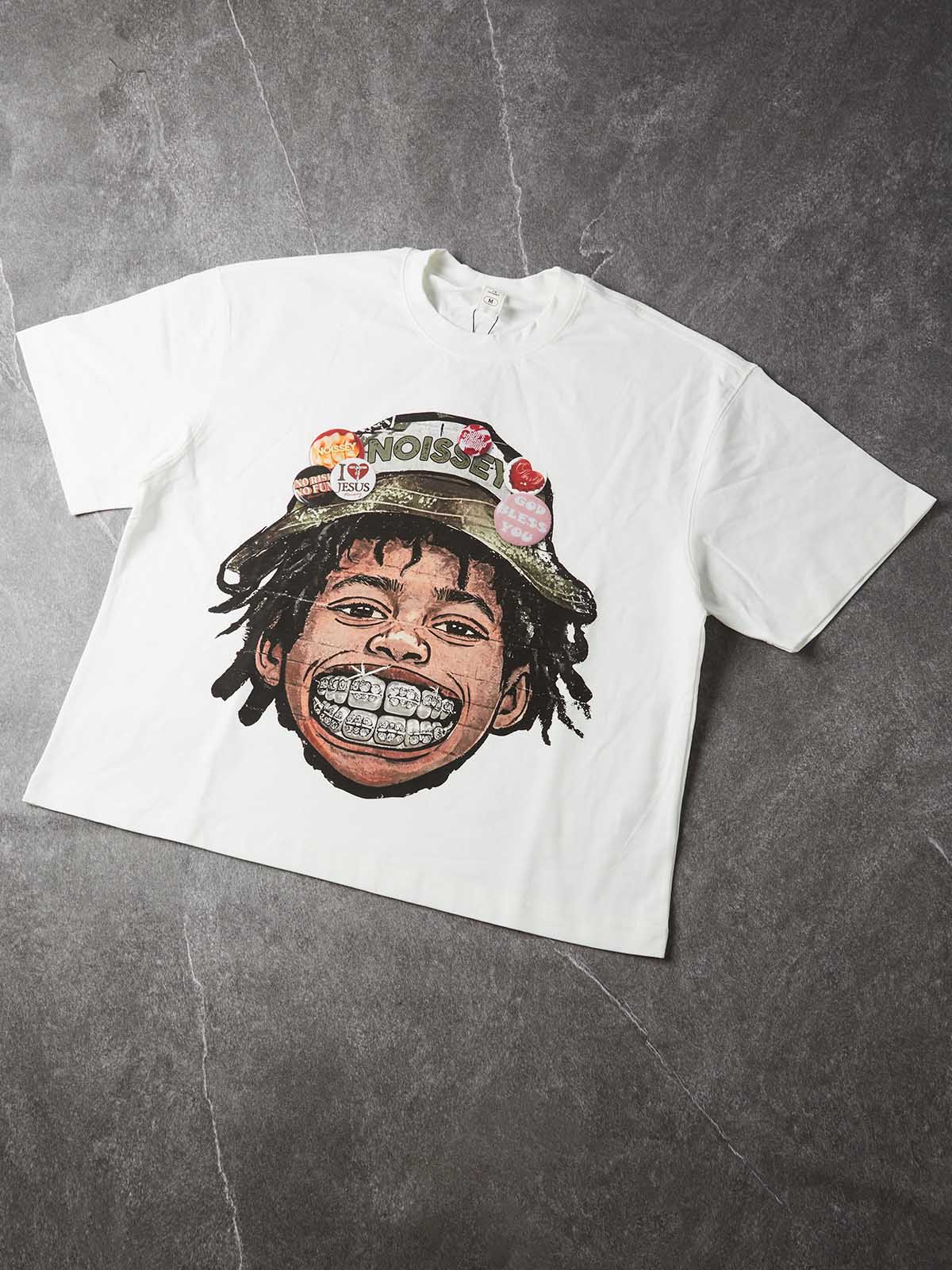 NOISSEY Badge Bucket Hat Iced-Out Grillz Skater Kid Boxy Graphic Tee