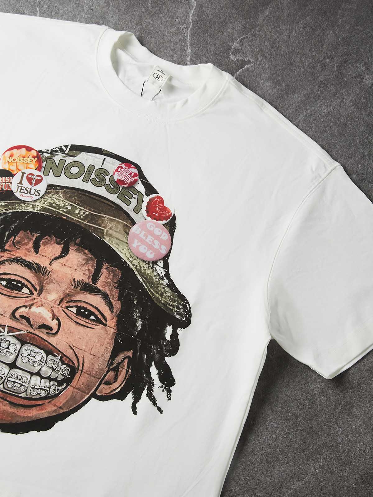 NOISSEY Badge Bucket Hat Iced-Out Grillz Skater Kid Boxy Graphic Tee