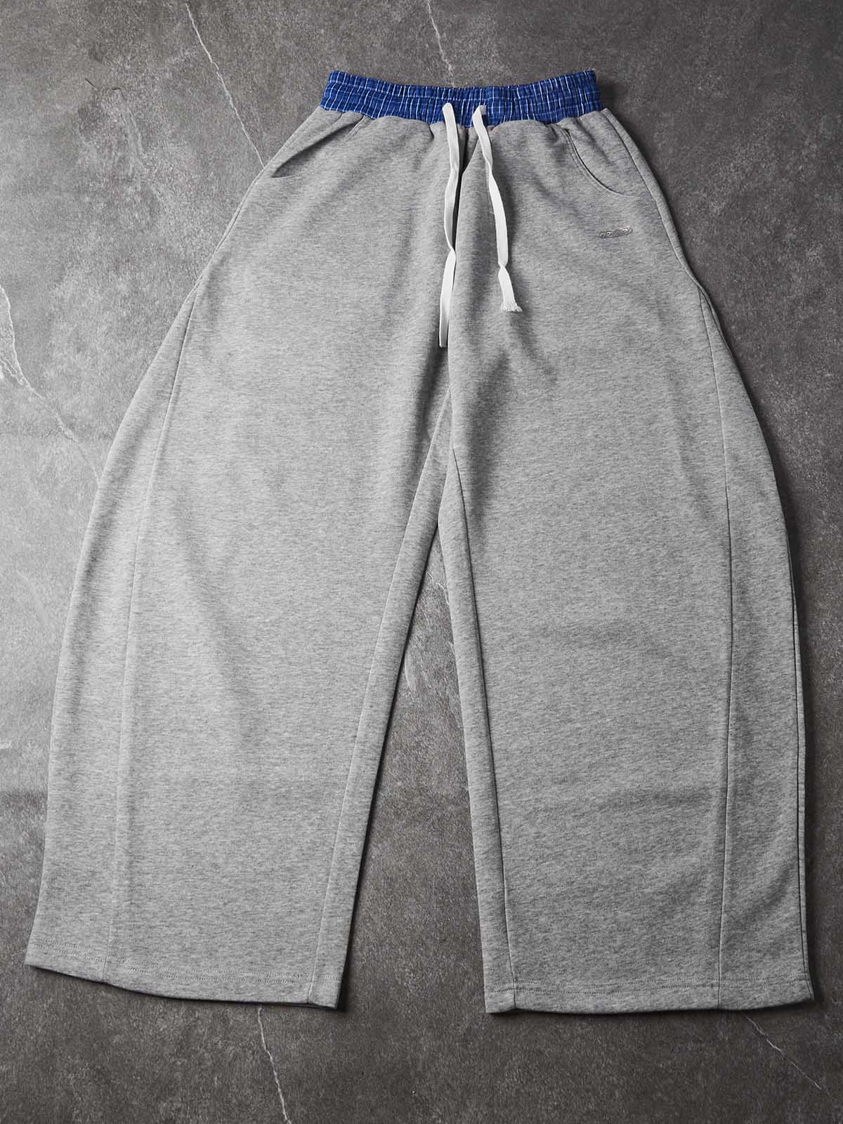 NOISSEY Plaid Waistband Curved Leg Sweatpants - Heather Grey Streetwear