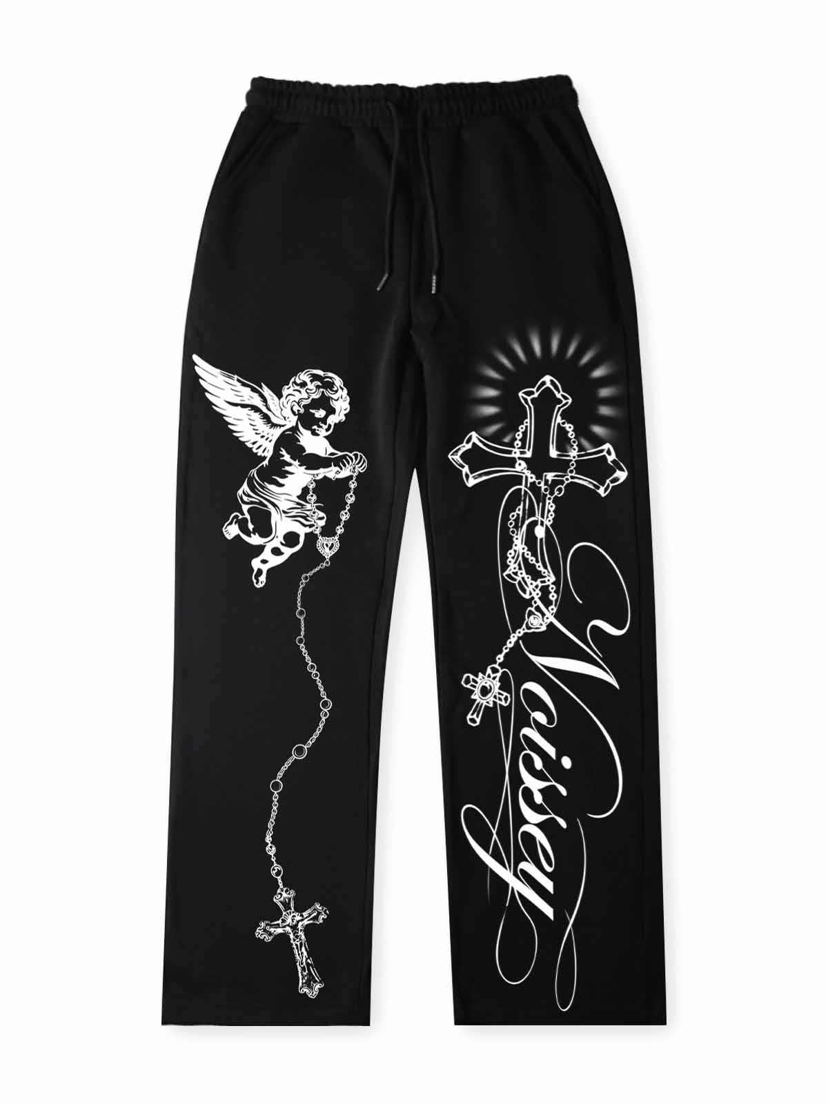 NOISSEY Angel &amp; Cross Religious Graphic Heavyweight Drawstring Casual Pants